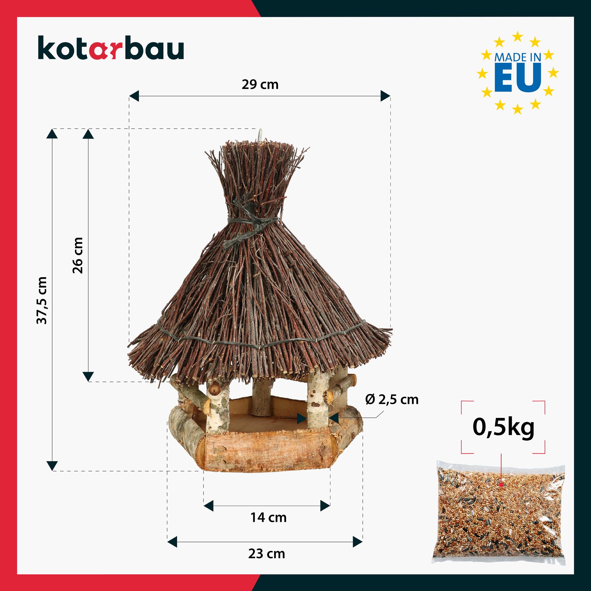KOTARBAU® Comedero para Pájaros Colgante - Madera y Mimbre - 29x26 cm - Natural Marrón - Alimentador De Pájaros - Comedero de Madera para Exterior