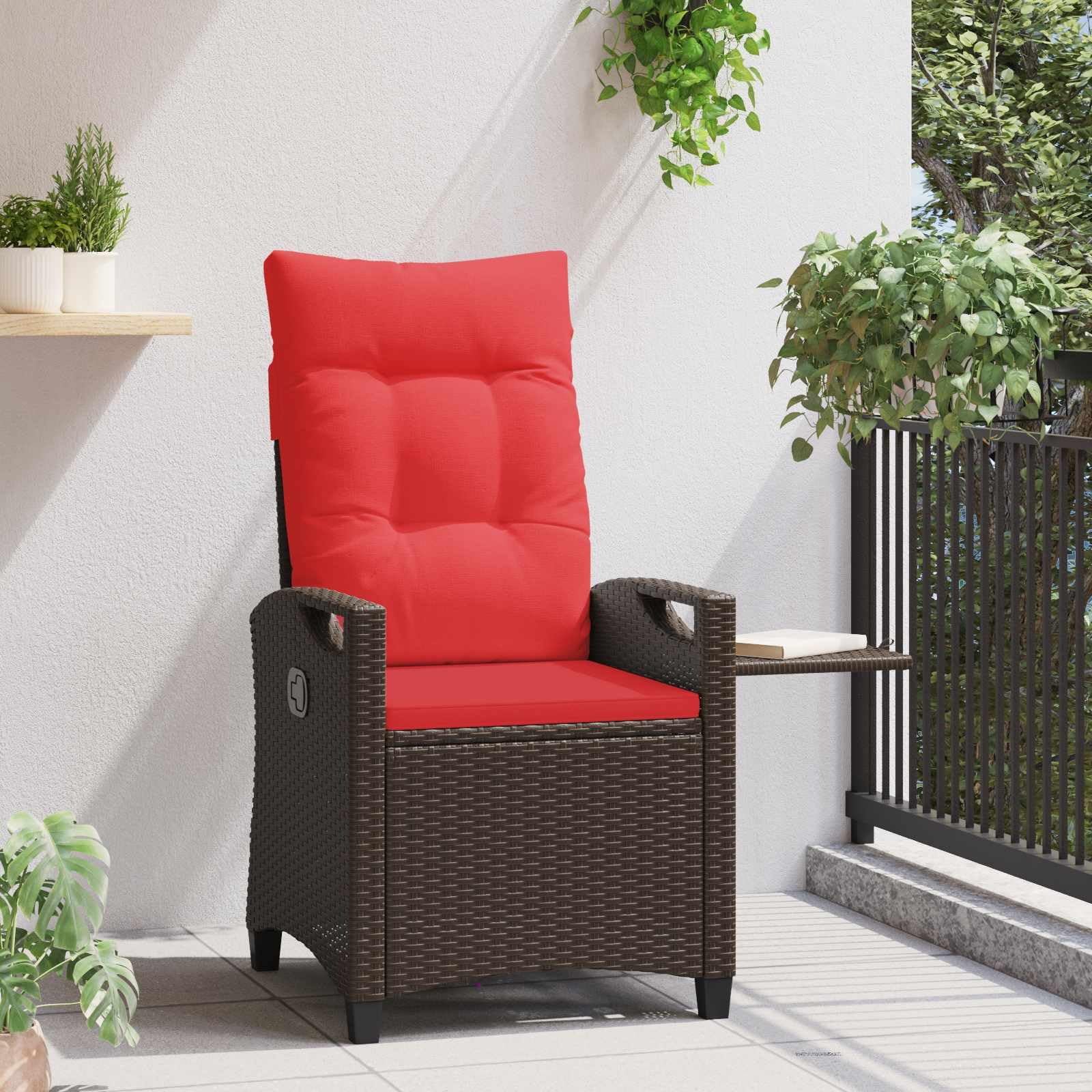 Regulowane krzesło ogrodowe z rozkładanym stolikiem 56x60x112 cm stal rattanowy UV ogród taras składany fotel leżak plażowy maks. 110 kg
