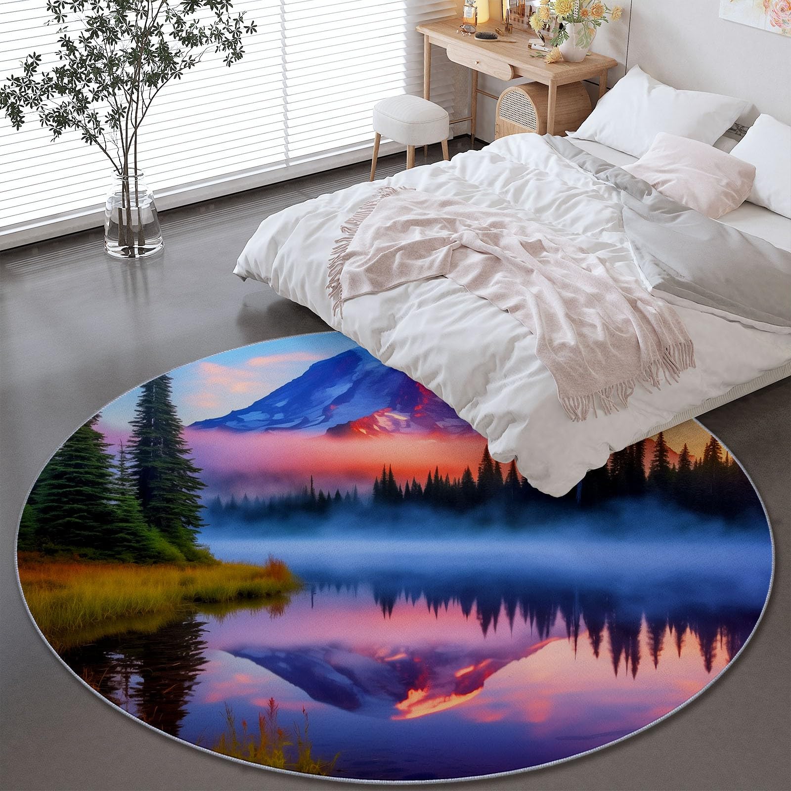 Genérico Alfombra Redonda para Comedor Montañas Naturales Lagos Motivo Alfombra Antideslizante Suave y esponjosa para Sala de Estar, Dormitorio, habitación Infantil, 150 cm, Azul