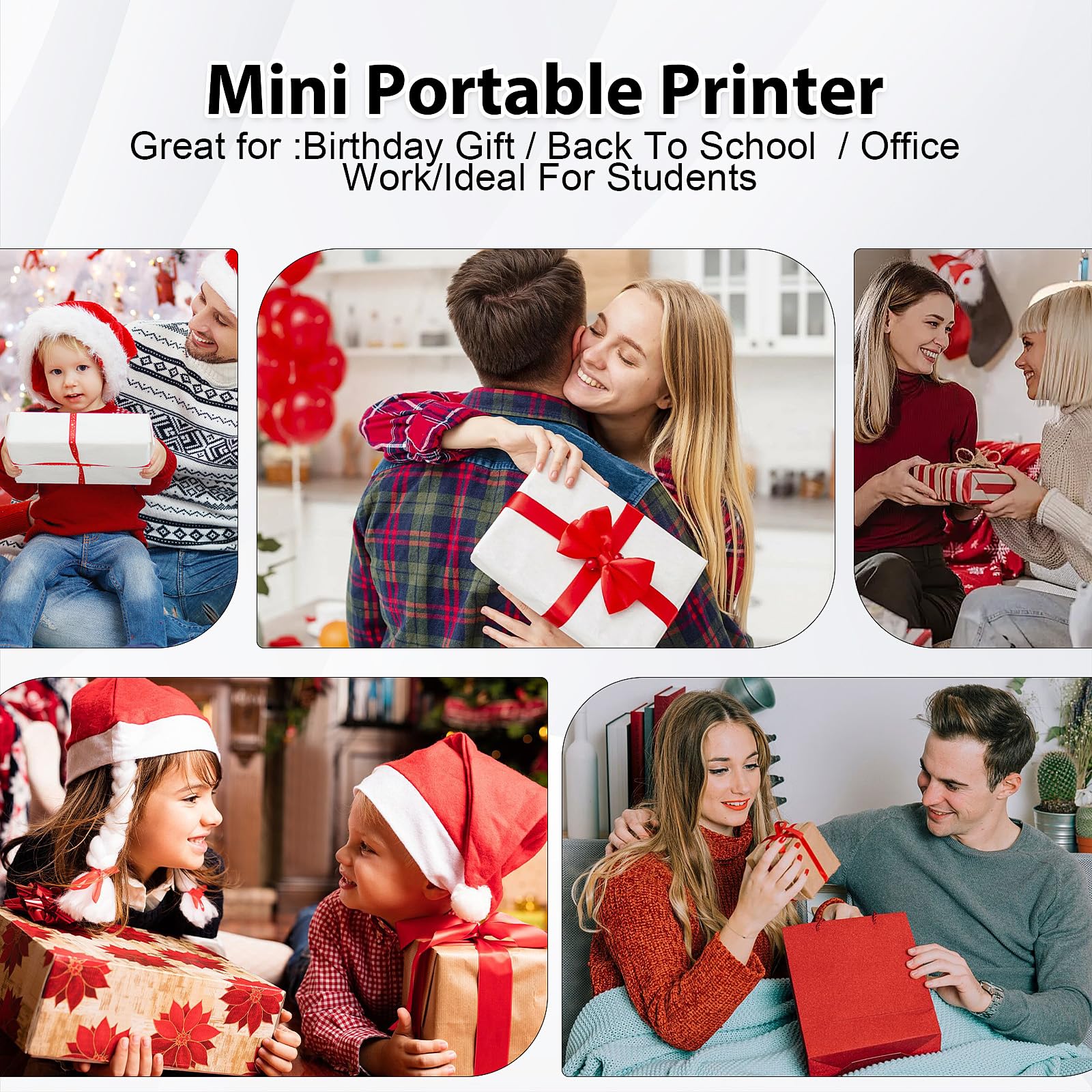 Mini stampante con custodia, mini stampante per etichette, portatile, 10 rotoli, stampante per foto, Bluetooth, stampante termica per assistenza, note di apprendimento, diario, memo (bianco con bag)