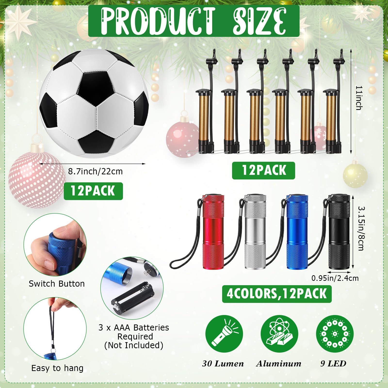 Soulchen Confezione da 36 articoli per donazioni di beneficenza cristiane, include 12 set di palline da calcio sgonfiate di dimensioni 5 con pompe, 12 mini kit da pesca, 12 mini torcia portatile con