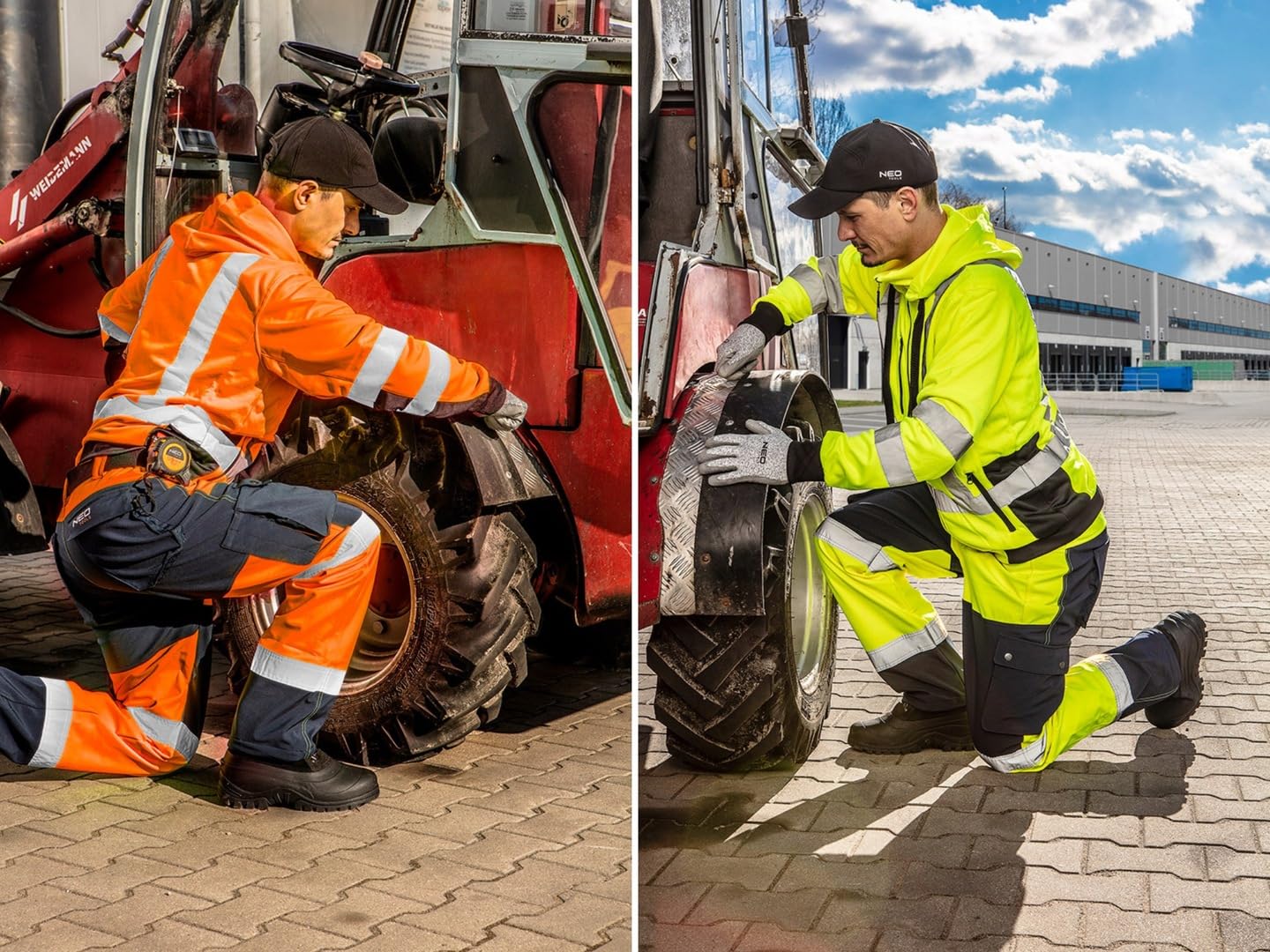 NEO TOOLS Ensemble - Pantalon de Travail Imperméable Haute Visibilité pour Hommes + Veste D'avertissement de Travail Chaude (Orange/Jaune) | Pantalon Softshell avec Doublure Polaire, S-XXL