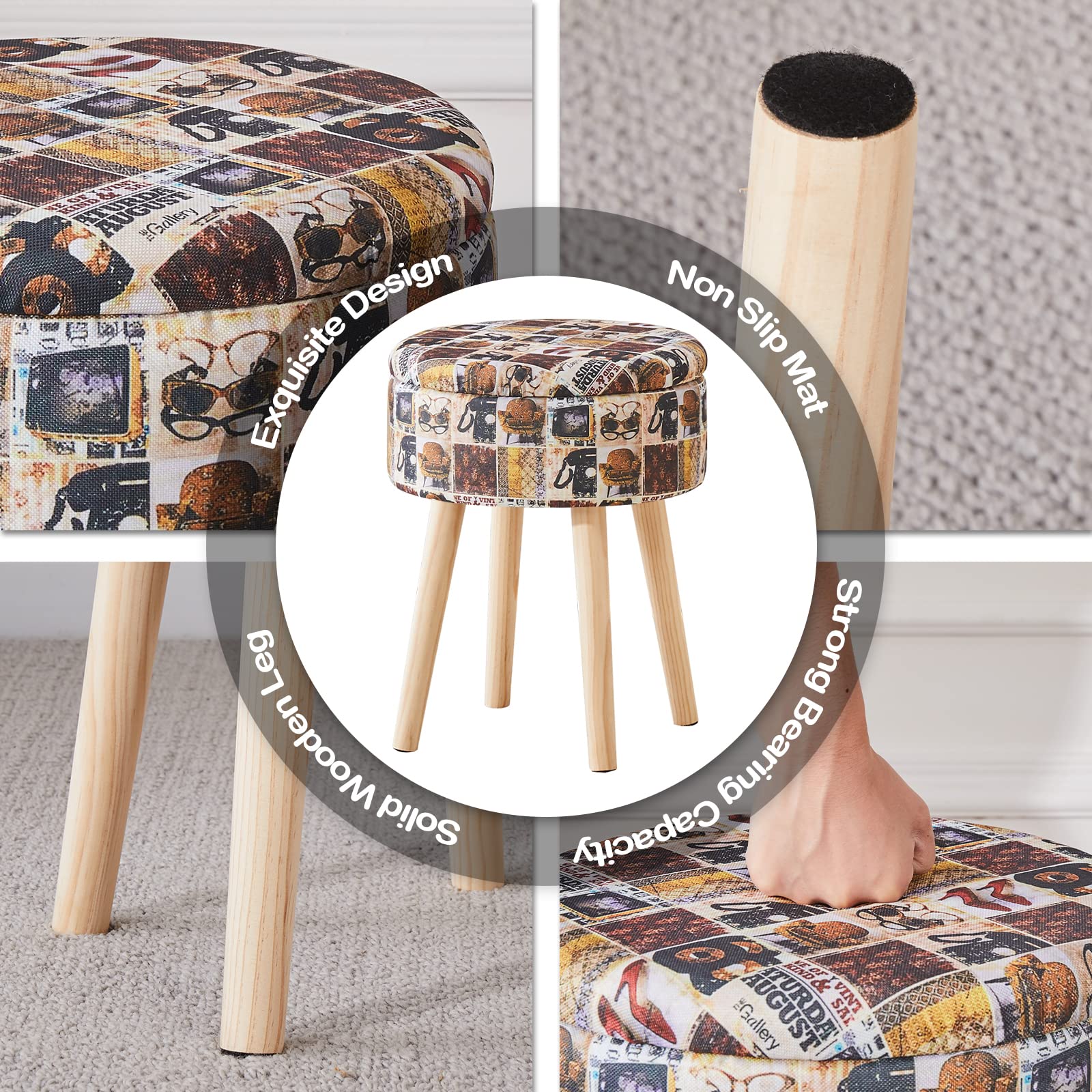 Mxfurhawa Storage Ottoman Linen Round Vanity Stool Tray Top Modern Foot Stool with Wood Legs Multifunctional Upholstered Foot Ottoman Rest for Living Room, Bathroom, Makeup (Retro Style)