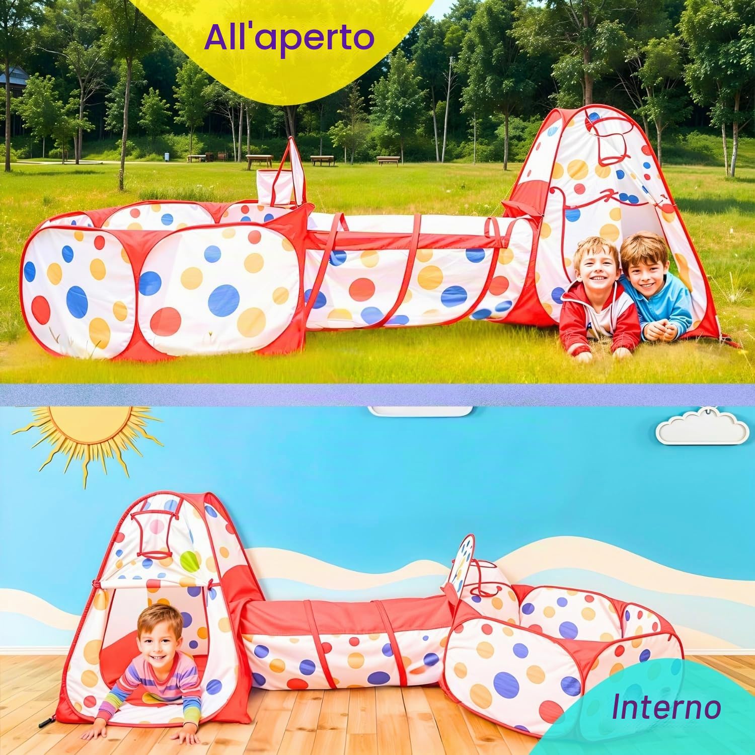 3 in 1 Pop Up di Tenda e Tunnel da Gioco Bambini : Tenda Giocattolo : Tunnel Bambino : Ball Pool per Bambini e Bambine : 2 Canestro da Baket B : Palline Non Incluse