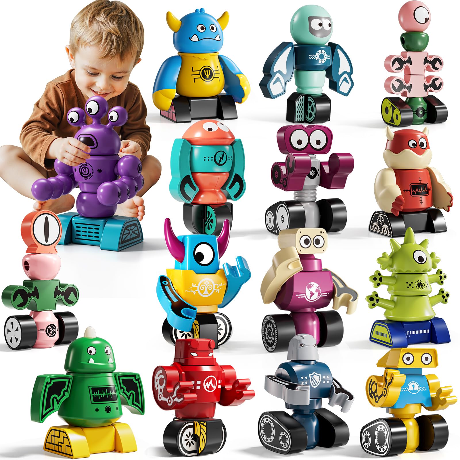 DULONIME Magnets Robot Building Toys for Kids Ages 3-5 4-8 - 106 PCS Monsters Toys Robot Stacking Building Blocks Set with Storage Box, Imaginative Learning Christmas Birthday Gifts for Boys Girl 2-4