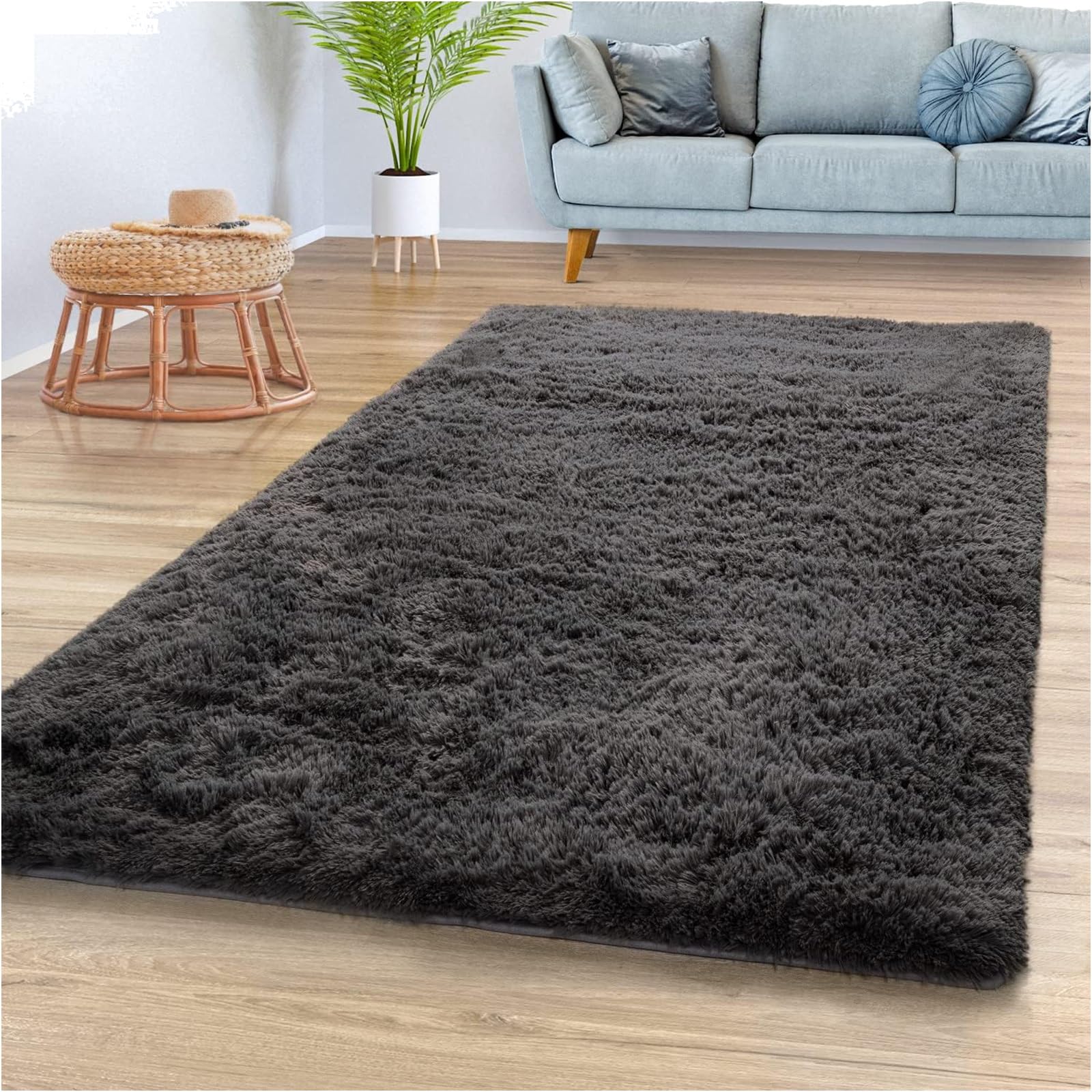 YUANWAN Alfombra Lavable 150 x 200 cm Lavable y Antideslizante Alfombras de Sala de Estar Alfombras Salón Pelo Largo para La Sala de Estar Salón O Dormitorio, Gris Oscuro