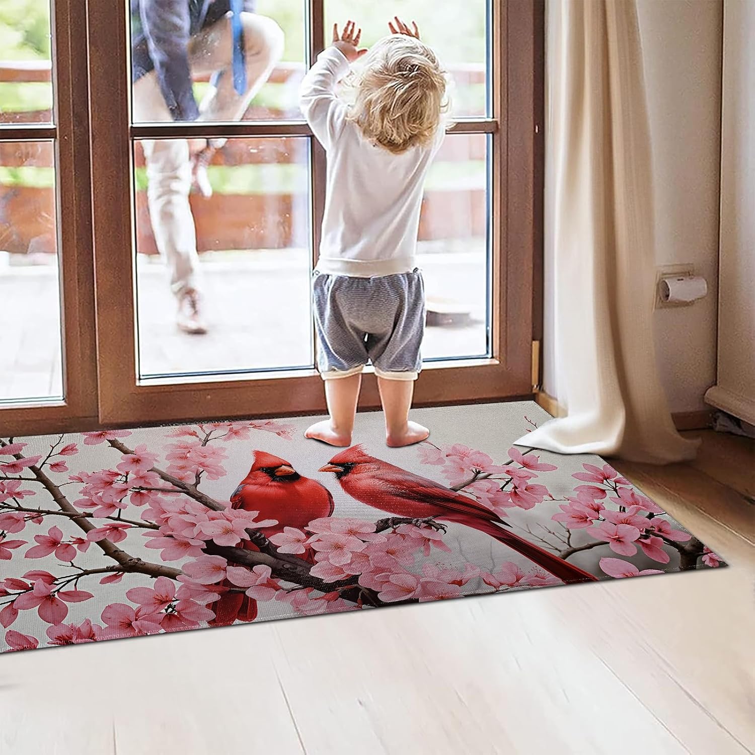 Red Cardinal Flower Indoor Door Mat 29.5x17in,Non Slip Backing Pink Floral Bird Floor Mat,Non Woven Entryway Rug,Welcome Mats Decor,for Entrance Inside Porch Bedroom Kitchen,Doormats Gifts