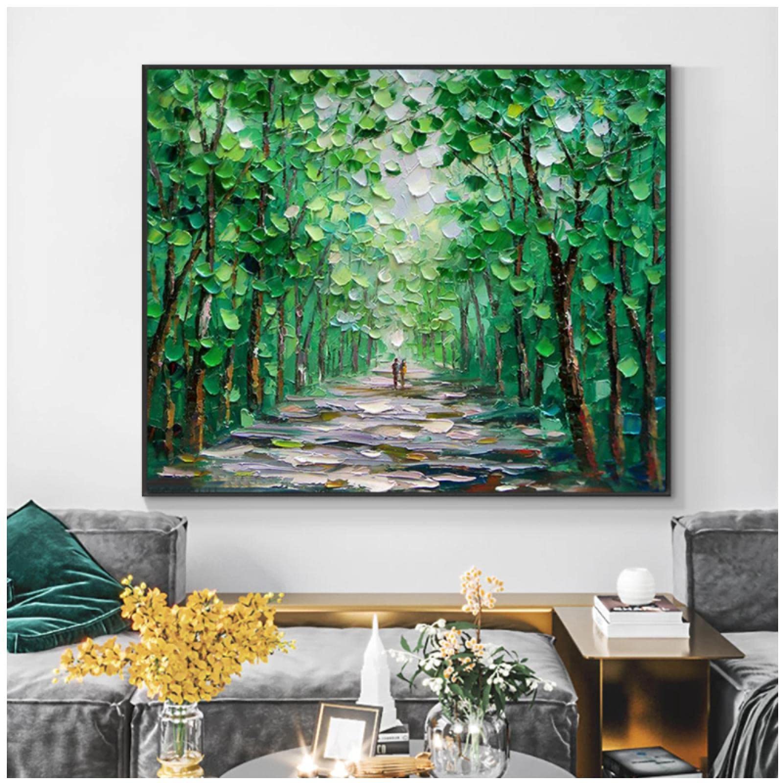 Amazon｜緑の葉のある抽象的な木絵画キャンバスに描かれた絵画家の装飾