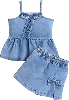 BRIGHT STARS KIDSWEAR Kids Girls Co-ord Set Top &amp; Denim Shorts Clothing Set, Stylish Summer Casual &amp; Party Outfit
