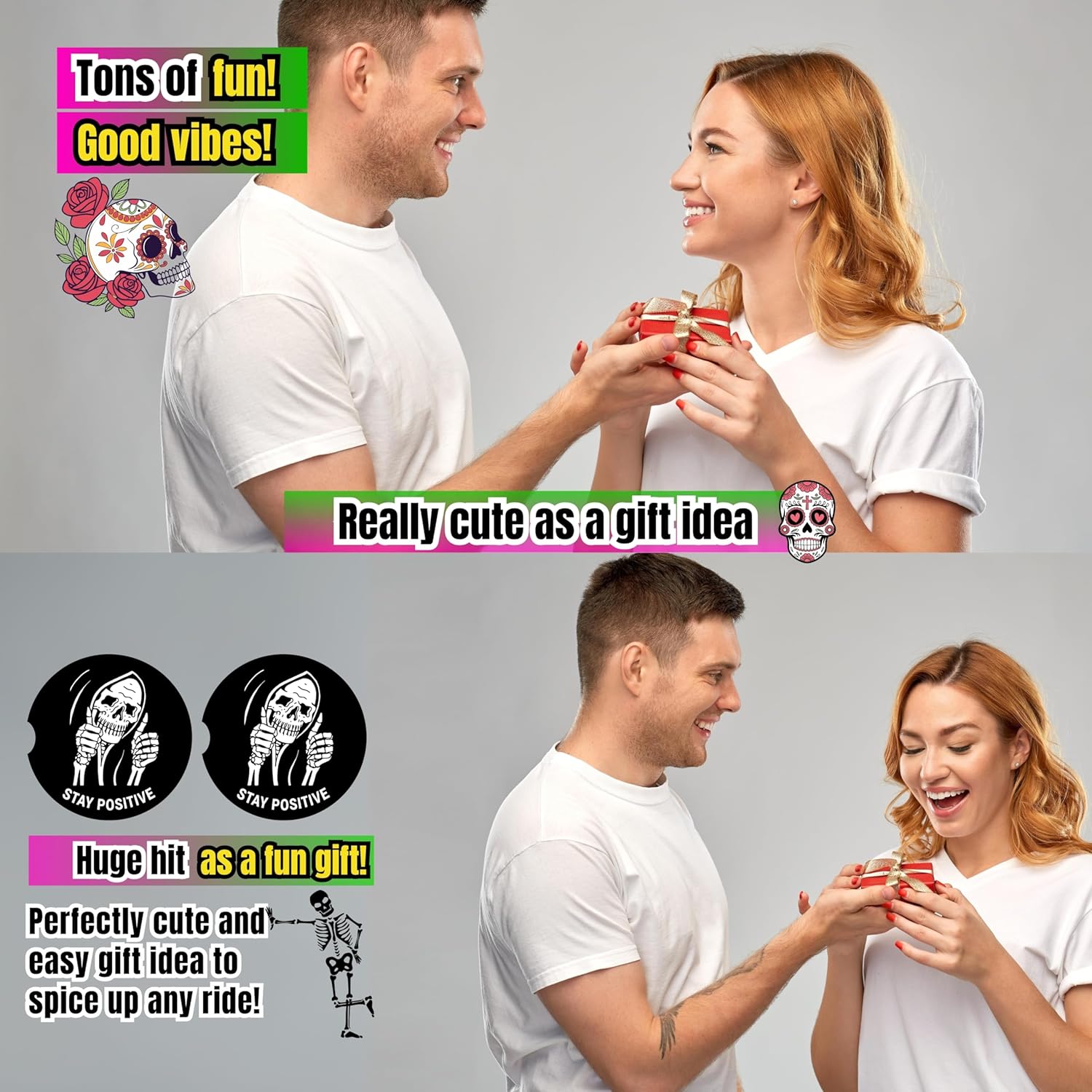 Skull Car Coasters for Cup Holders - 2 Pack Cute Spooky Skeleton Truck Accessories for Men Women, Funny Halloween Horror Stuff Decor, Absorbent Ceramic Cup Holder Coaster for Car, Emo Goth Gag Gift - Image 6