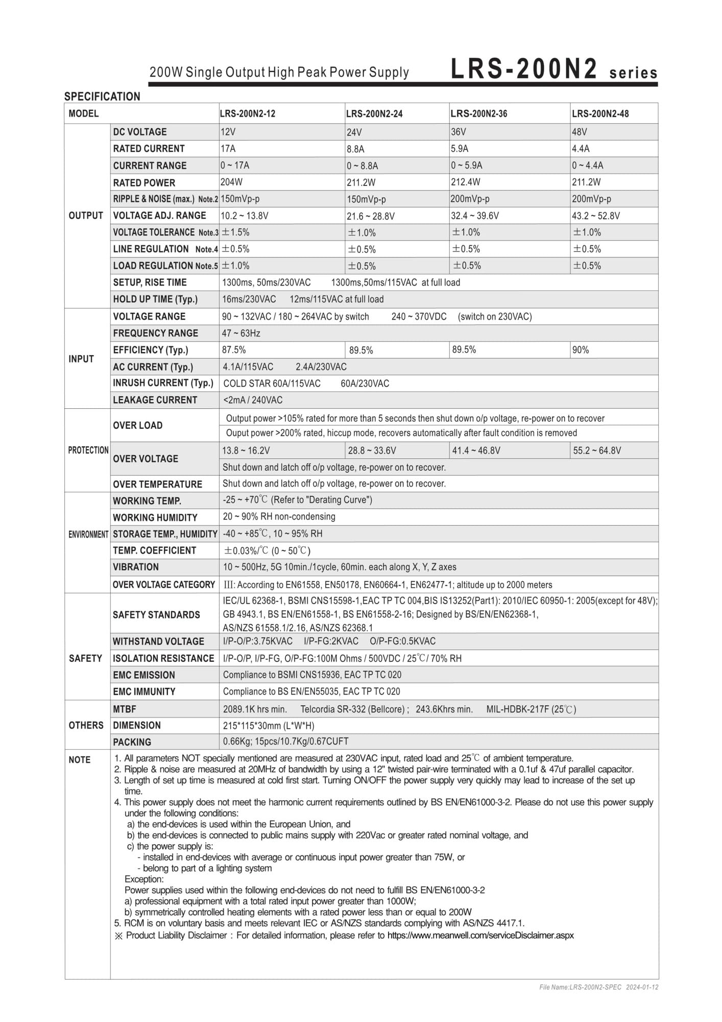 Fuente de alimentación Universal LRS-100N2/200N2/350N2/600N2/450/600, Voltaje 5/12/15/24/36/48(LRS-450,24V)