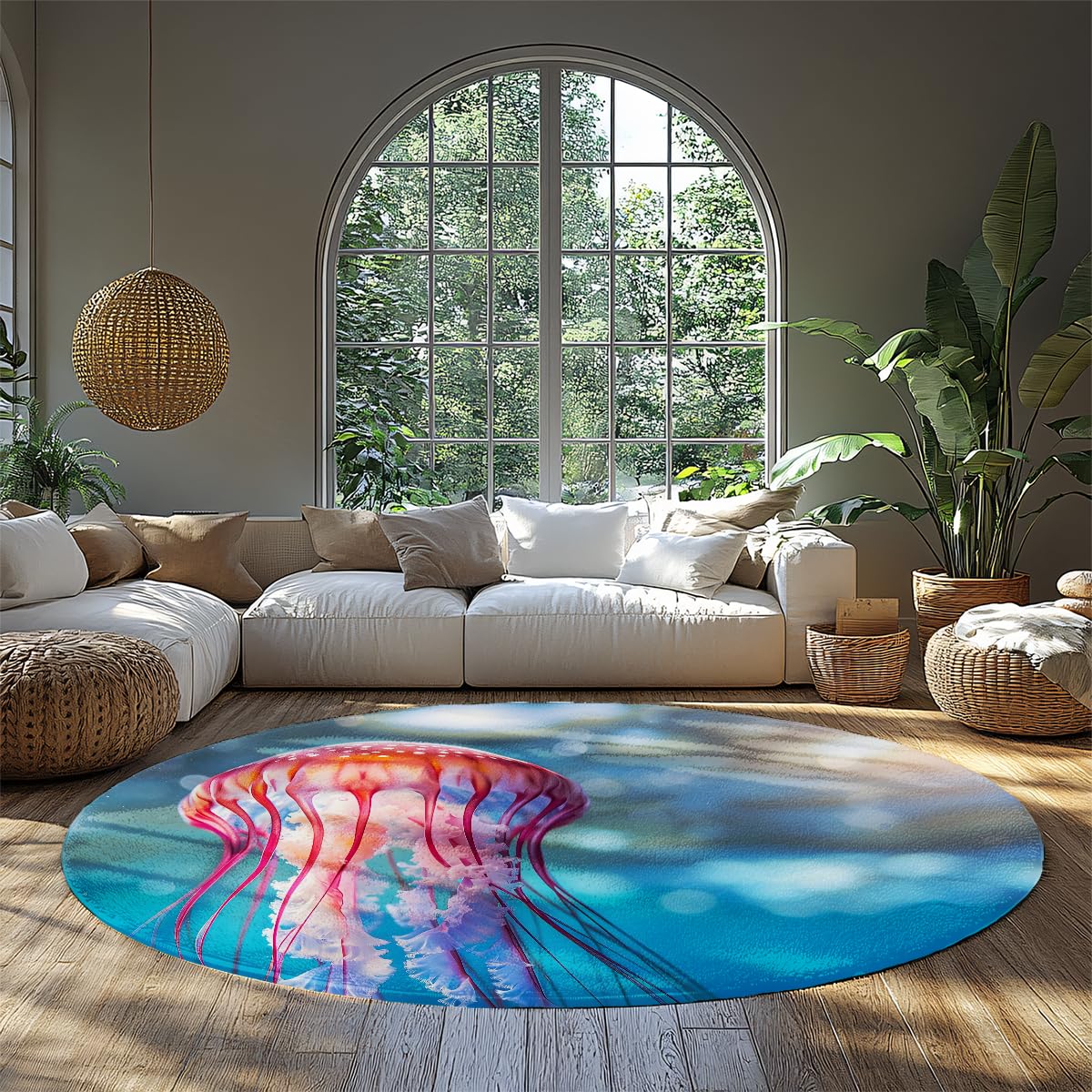 Tapis rond salon méduses 180cm lavable style bohème marine