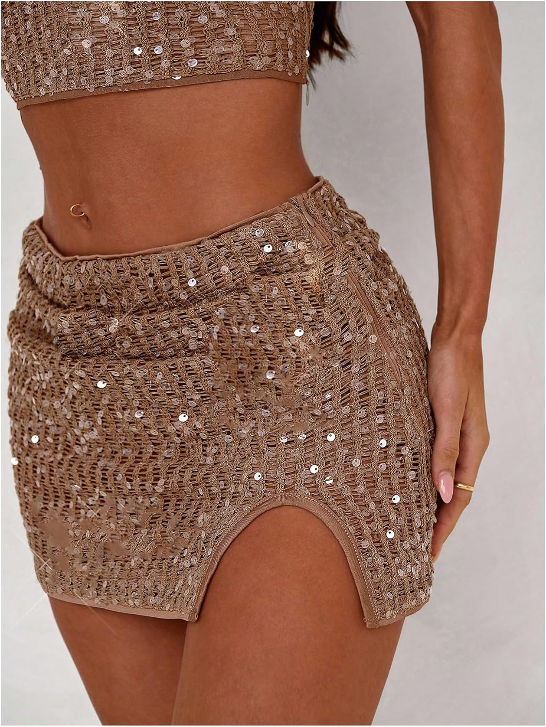 MakeMeChic Women's 2 Piece Summer Outfits Glitter Sequin Tie Open Back Halter Crop Top and Mini Skirts Party Set - Image 4