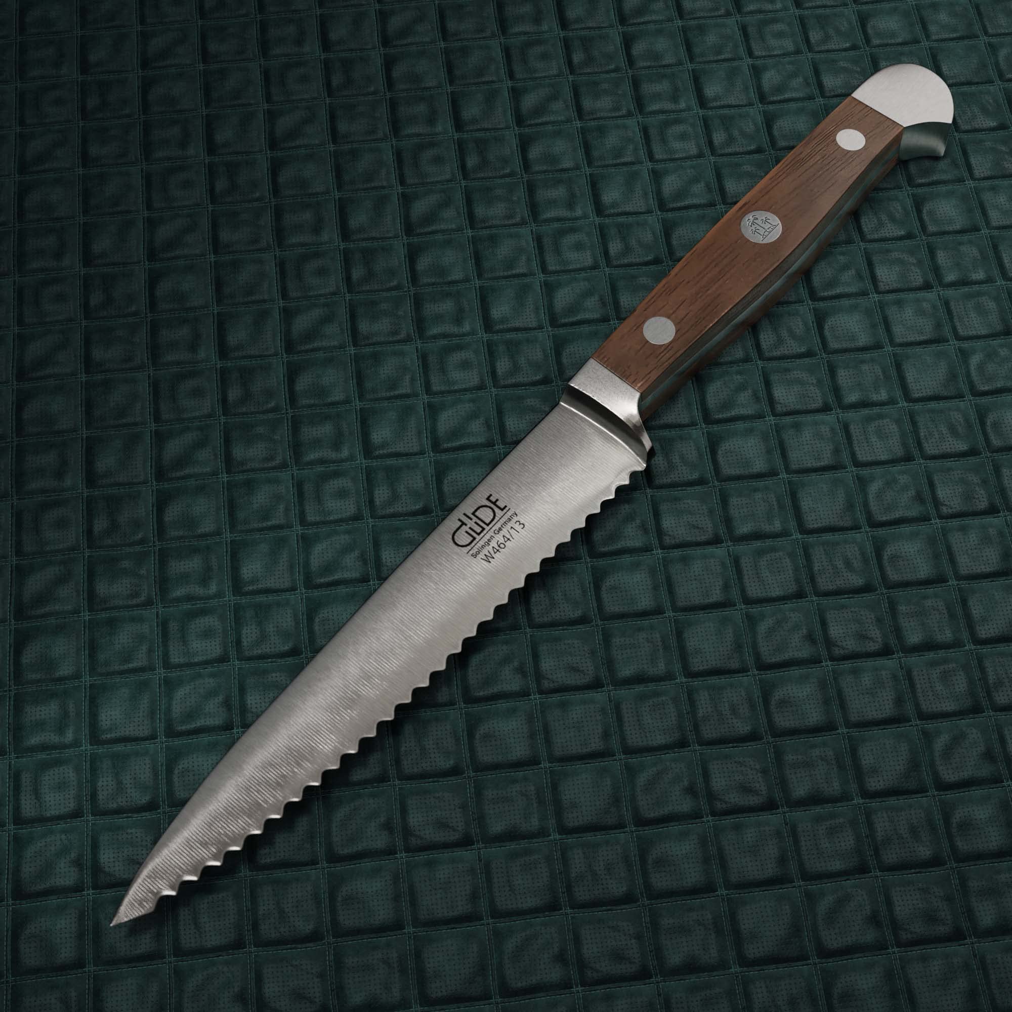 Güde Solingen - Cuchillo para tomate con sierra forjado, 13 cm, madera de nogal, ALPHA-WALNUT - doble virola, Hecho a mano en Alemania