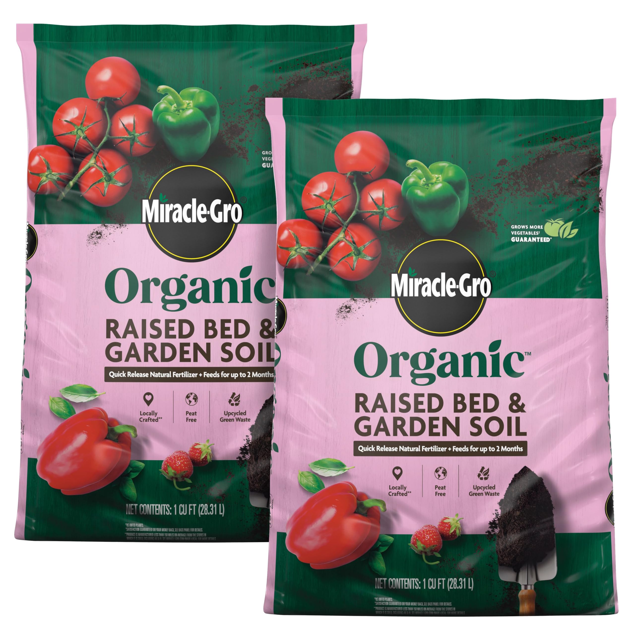 Miracle-Gro Organic Raised Bed & Garden Soil with Quick Release Natural Fertilizer, Peat Free, 1 cu. ft., 2-Pack