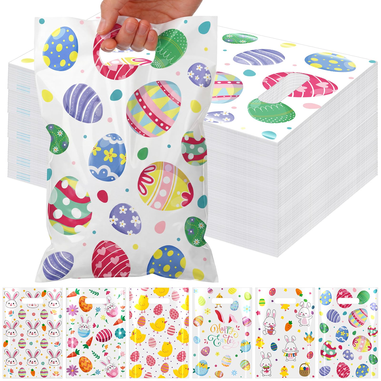 Kolldenn 120 Pcs Easter Gift Bags Double Sided Printed Plastic Easter Treat Bags with Handles Bulk Bunny Egg Patterns Goodie Packaging for Party Favors Egg Hunt Supplies