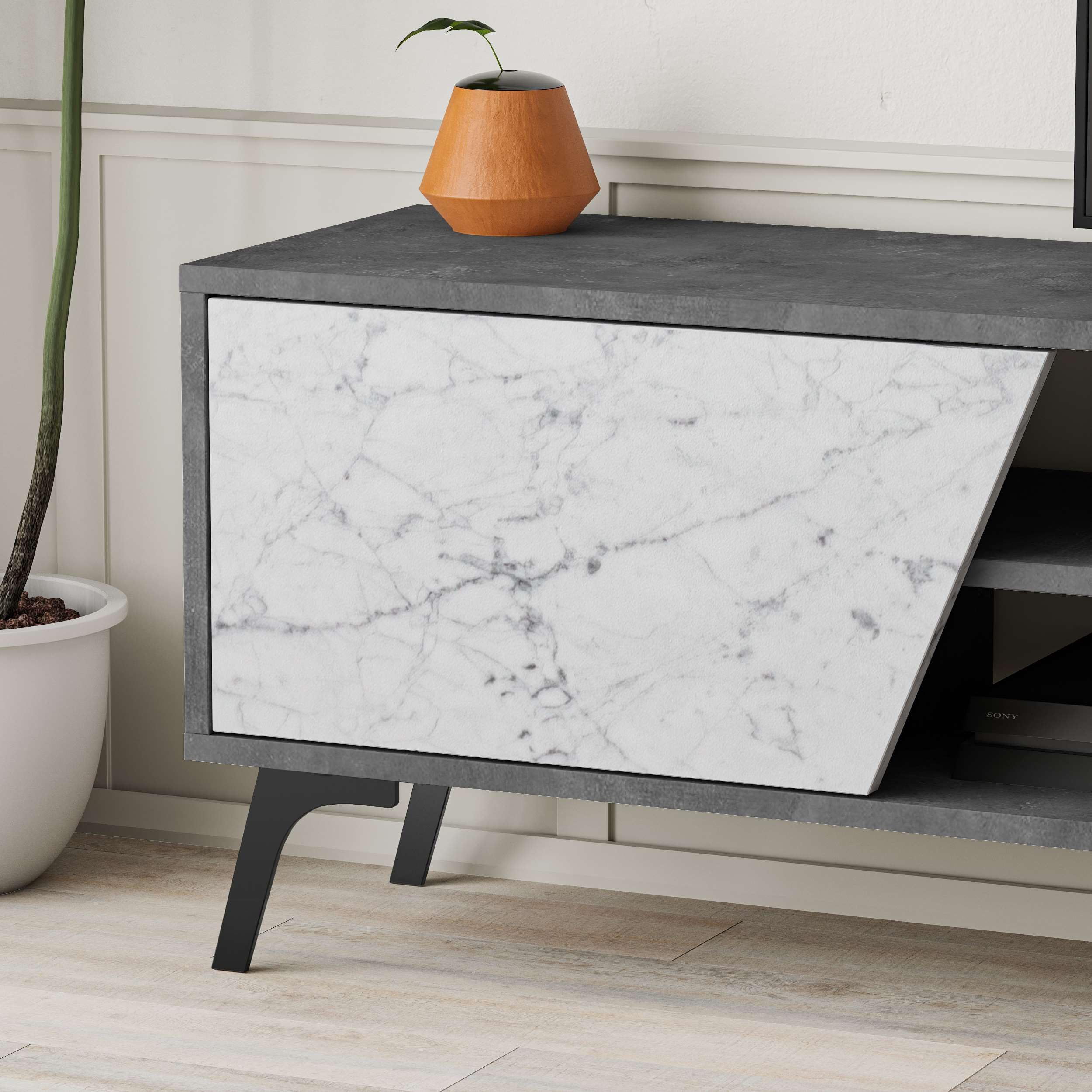 Totò Piccinni Parete Tv LOFT Porta TV mobile salotto multiuso composizione soggiorno 180x35,6 (Cemento/Carrara)