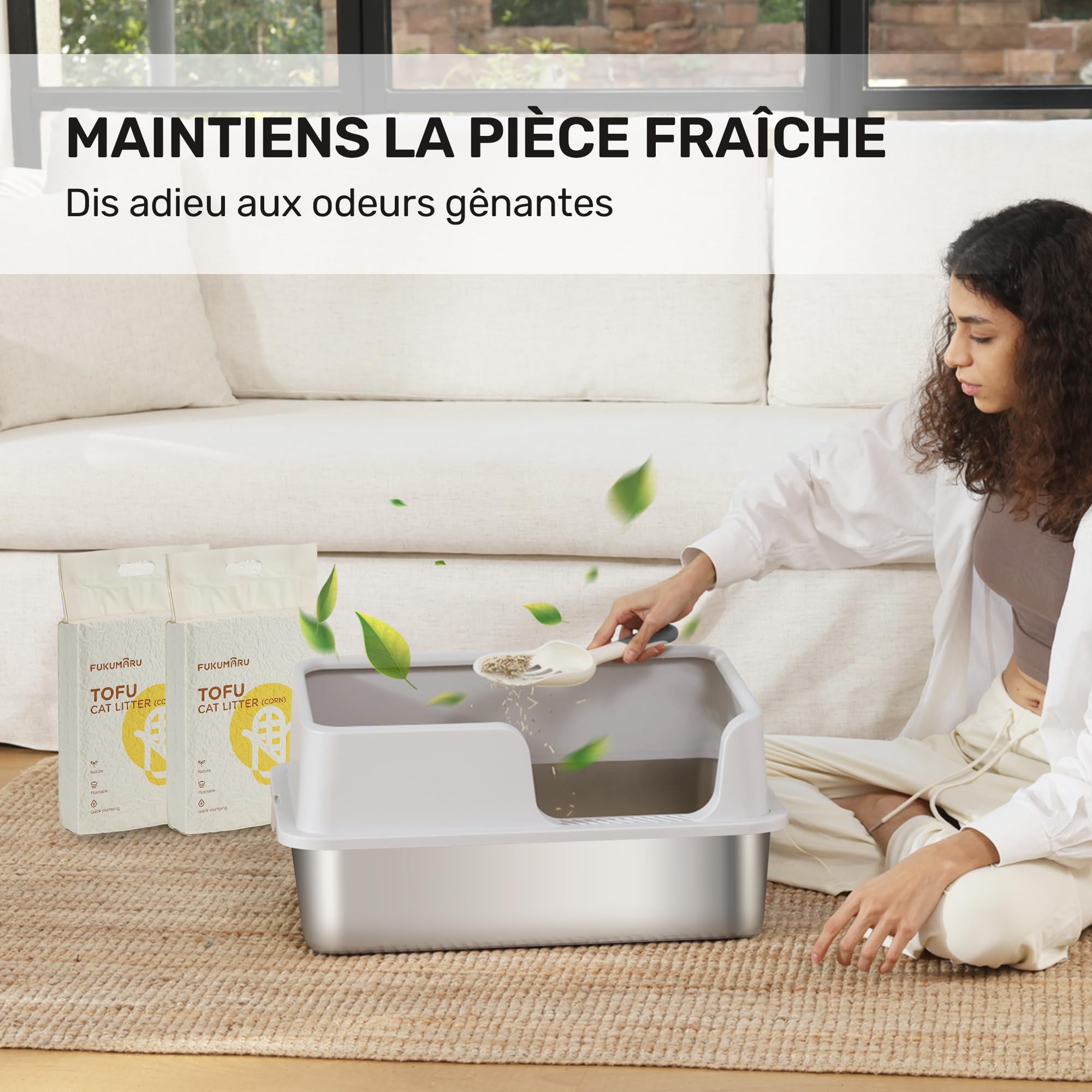 FUKUMARU Bac à Litière pour Chat en Acier Inoxydable, Maison de Toilette Chat à Hauts Rebords avec Deux Sacs de Litière, Bac à Litière Fermé Extra-Large avec Couvercle pour Gros Chats