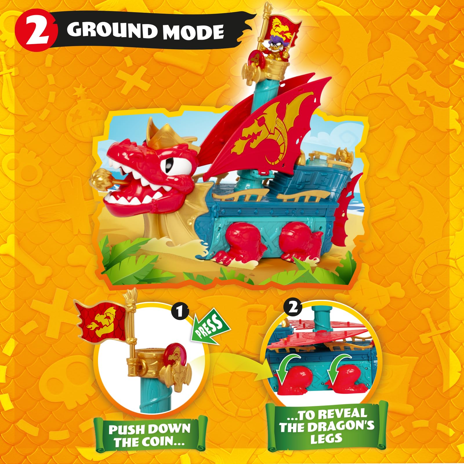 PIRATIX Dragon Ship – Piratix Dragon Nave All Terreno 3 in 1: Terra, Mare e Aria. Contiene 1 Nave Dragone, 1 Piratix Esclusivo, 1 Tesoro Esclusivo, 1 Bandiera e 1 proiettile