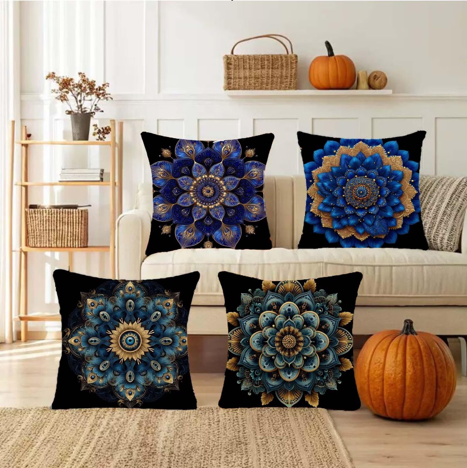 Outdoor Kissen Wasserdicht Navy Tiefblaue Mandala, Kissenbezug 60x60 (4er Set Kissenbezüge), Dekor Kissenbezüge Weich Dekokissen Modern Verstecktem Reißverschluss Samt Kissenhülle Für Wohnzimmer s-69