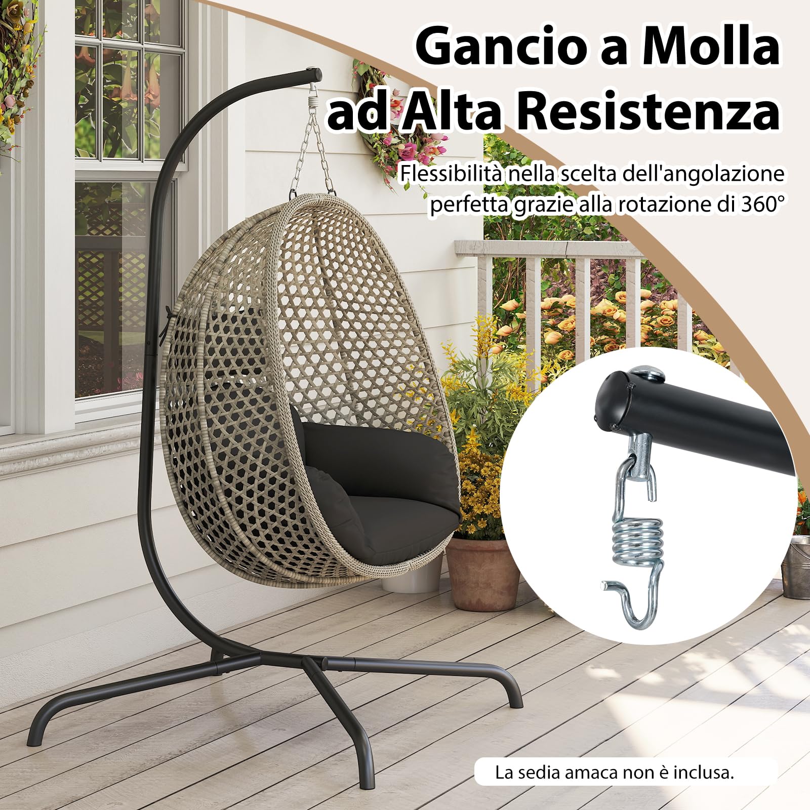 COSTWAY Supporto per Amaca a C, Base per Sedia Sospesa in Metallo Pesante con Gancio a Molla e Rotazione a 360°, Telaio per Amaca per Interni ed Esterni, Portata 180 kg