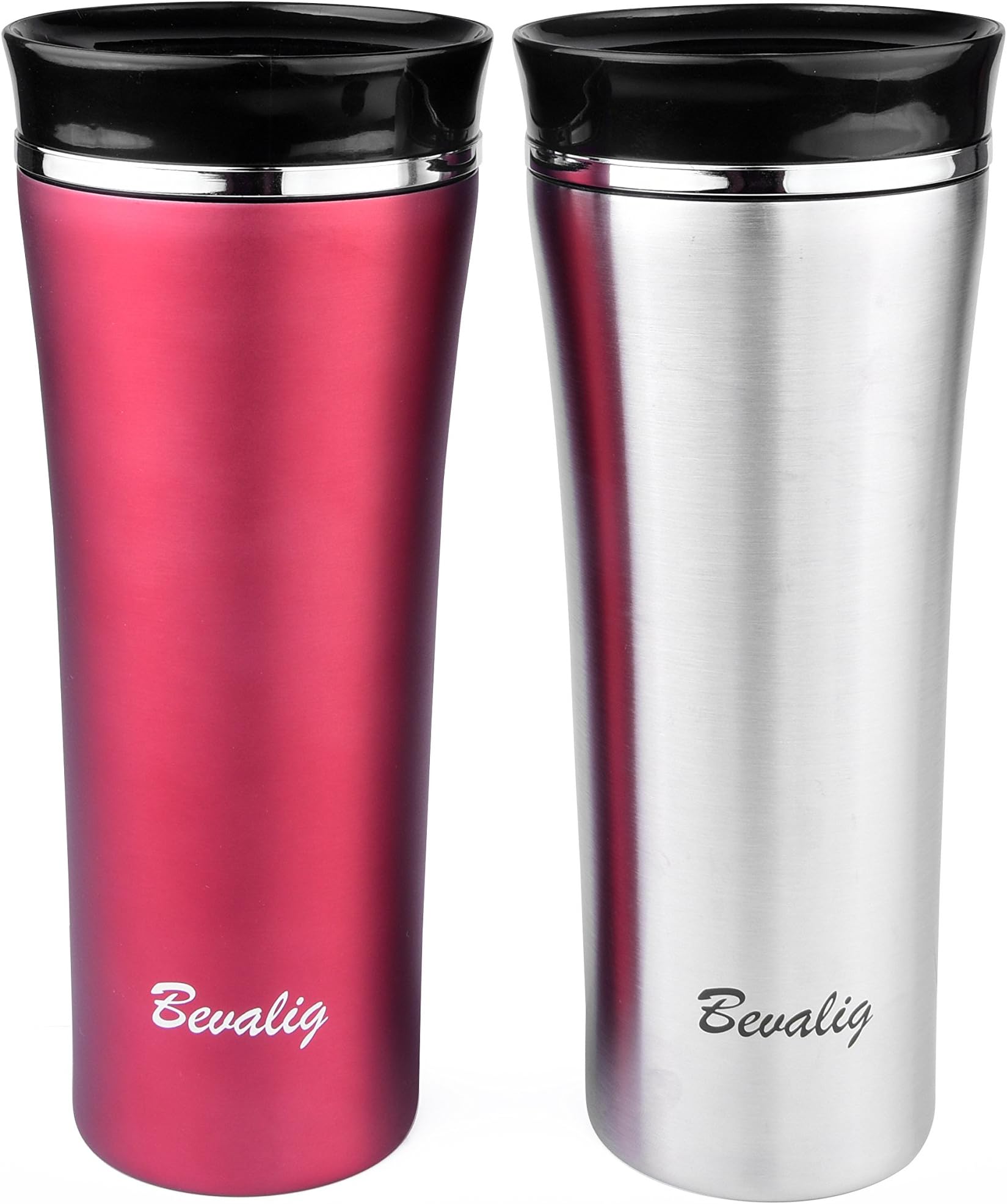 Bevalig Travel Mug - Coffee Flask - Vacuum Insulated Thermal Stainless Steel - Stylish Lightweight Spill & Leak Proof - One Click, One Hand Operation - SILVER - 450ml