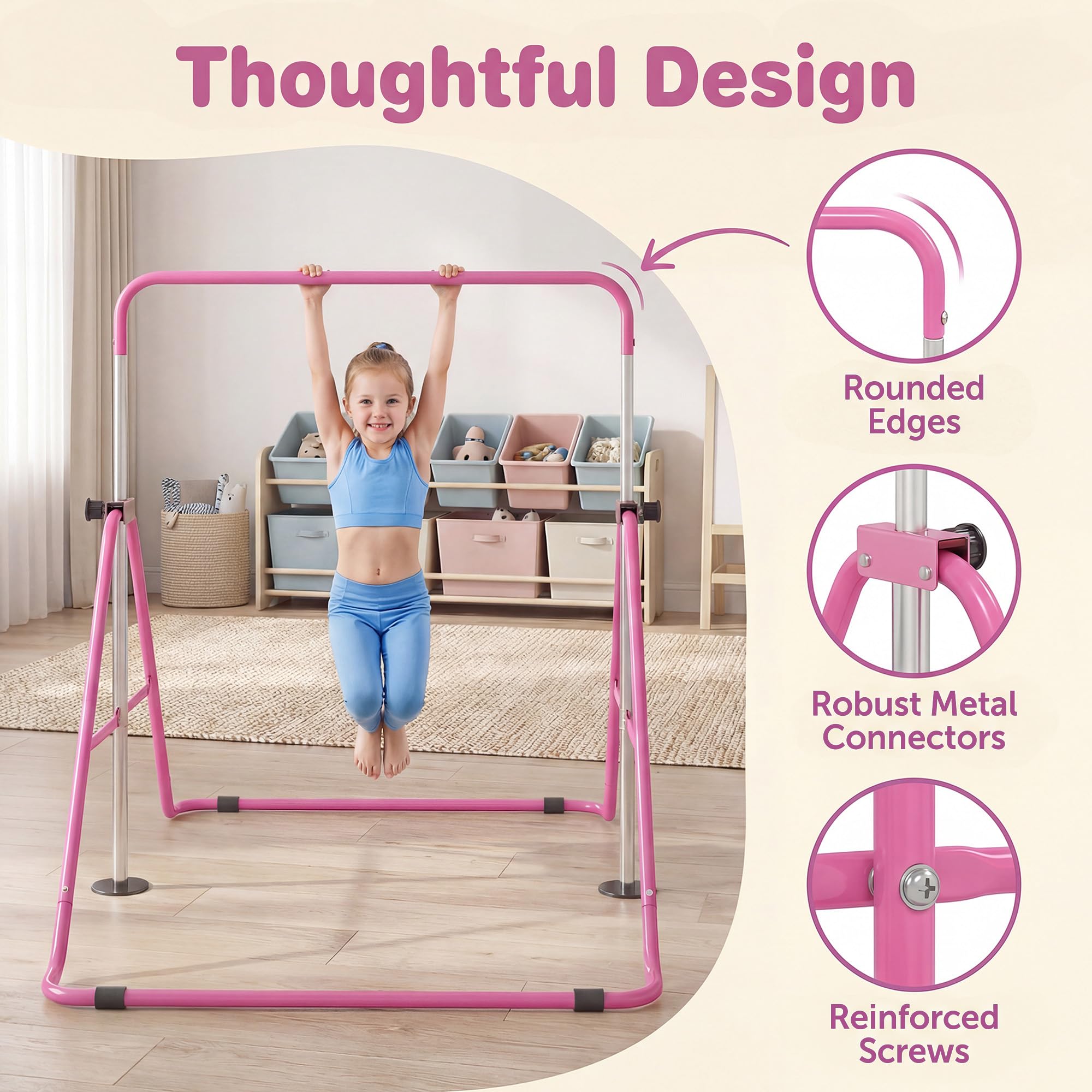KOMFOTTEU Barra da ginnastica pieghevole per bambini, barra orizzontale con altezza regolabile in 5 livelli da 90 a 130 cm, carico di 70 kg, attrezzatura portatile per allenamento per interni esterni