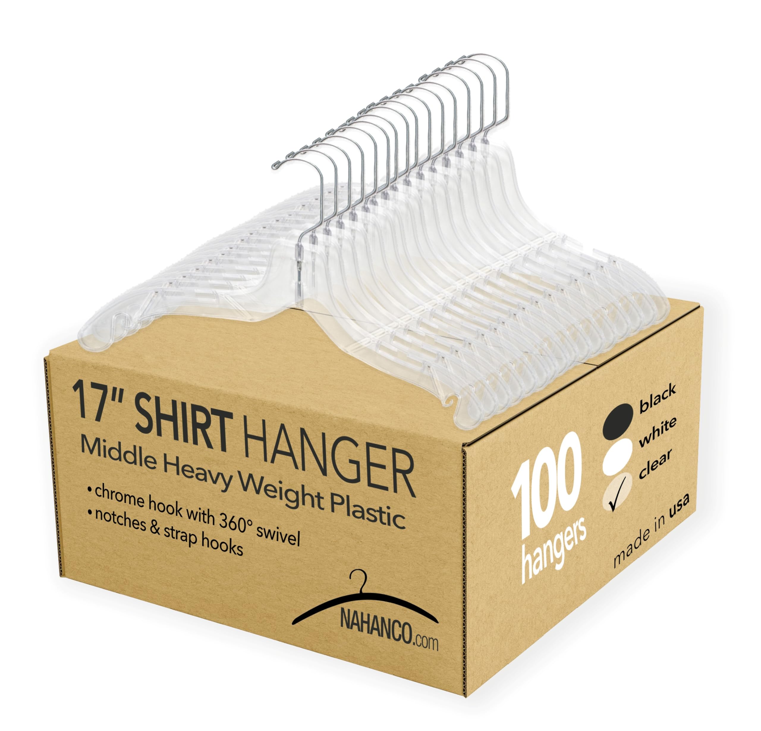 NAHANCO 505 Plastic Dress Hanger, Middle Heavy Weight, 17", Clear (Pack of 100)