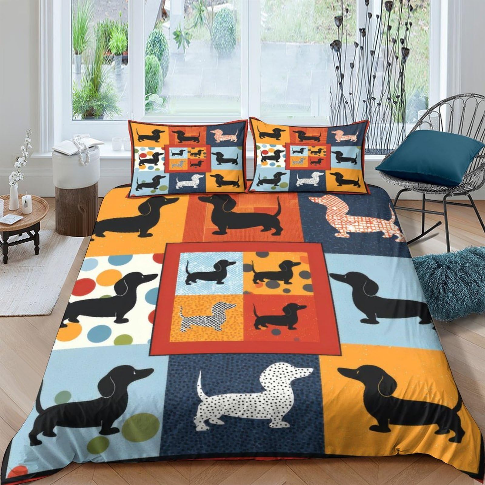 GPLZQXKJNH 3D Printed Dachshund Pattern Duvet Cover Microfiber Soft Breathable Dog Motif Bedding Set with 2 Pillowcases for Bedroom Decor Single（135x200cm）