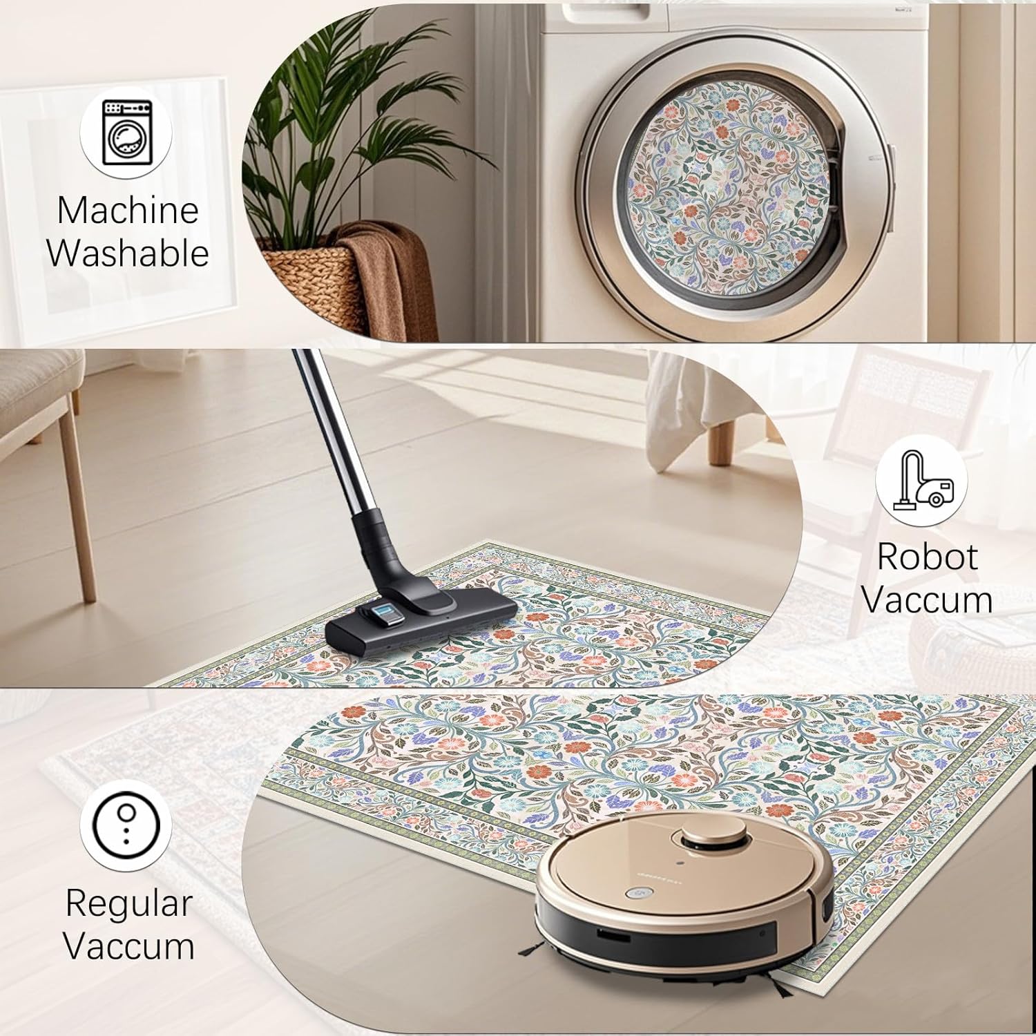 Area Rugs 4x6, Washable Rugs for Living Room Non Slip Boho Rug for Bedroom Ultra-Thin Beige Vintage Floral Rug Indoor Kitchen, Dining Room, Nursery, Office Small Mat