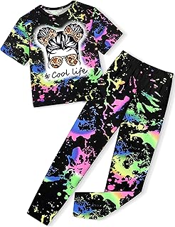 Aulyffo Girls Clothes Tie Dye Girl Outfits Cute Graphic Short Sleeve Tops Long Pants Two Piece Sweatsuits Set 6-14 Years Old