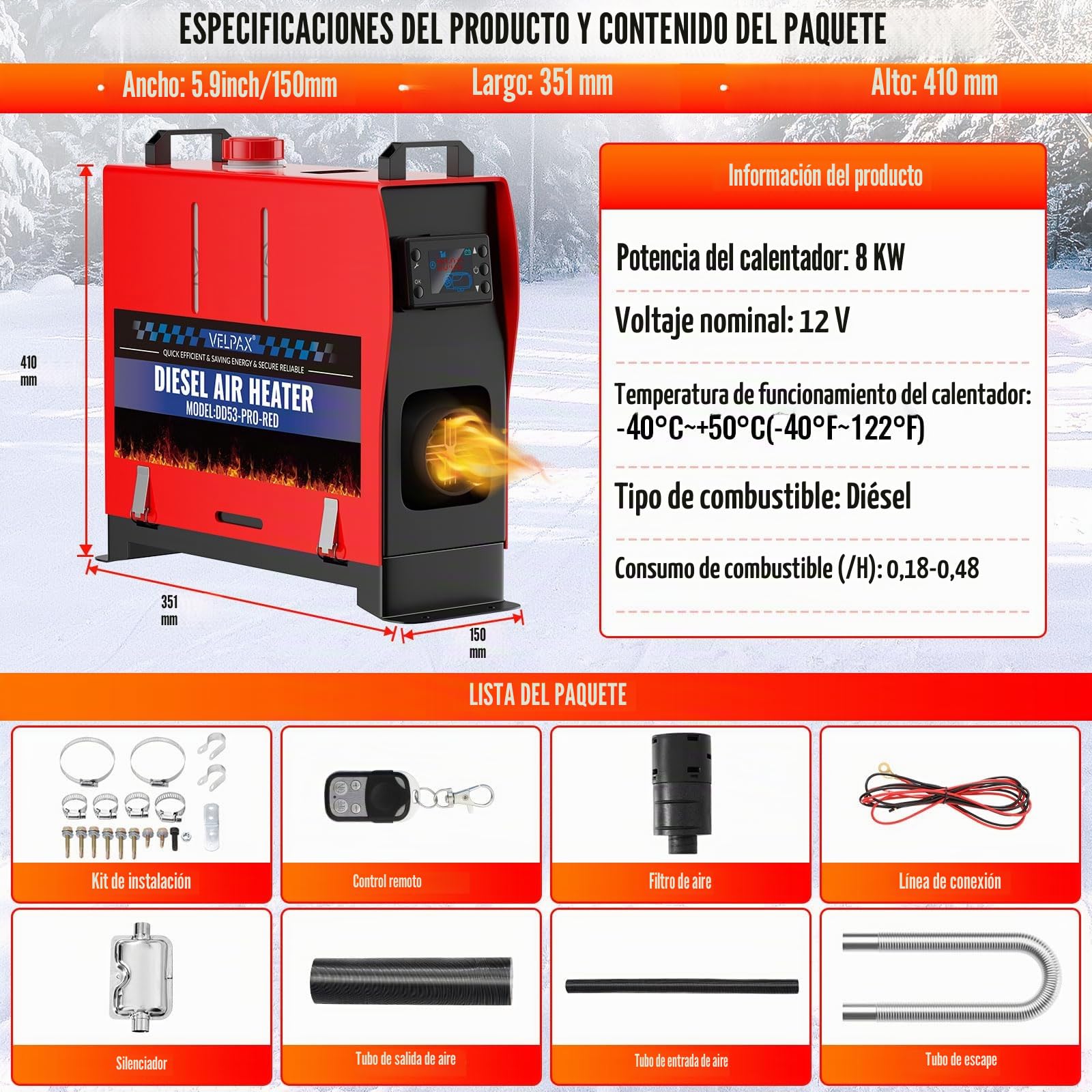 VELPAX Calentador Diésel Portátil Todo en Uno 12 V 8KW,Calentador de Aire Diesel 0,16-0,52 L/h LCD de Control Remoto,Adecuado para automóviles, Camiones, Barcos