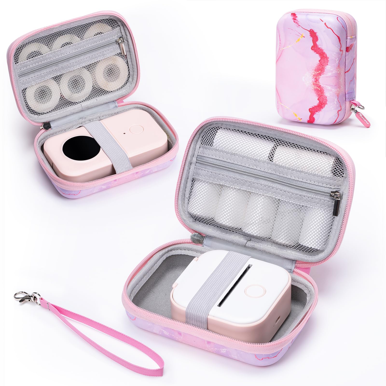 Memoking T02 Hard Storage Case - Compatible with Phomemo D30, SUPVAN E10, NIIMBOT D11, JADENS D110 and More, with Zipper Mesh Pocket, Waterproof Shockproof, Gradient Pink (Only Case)