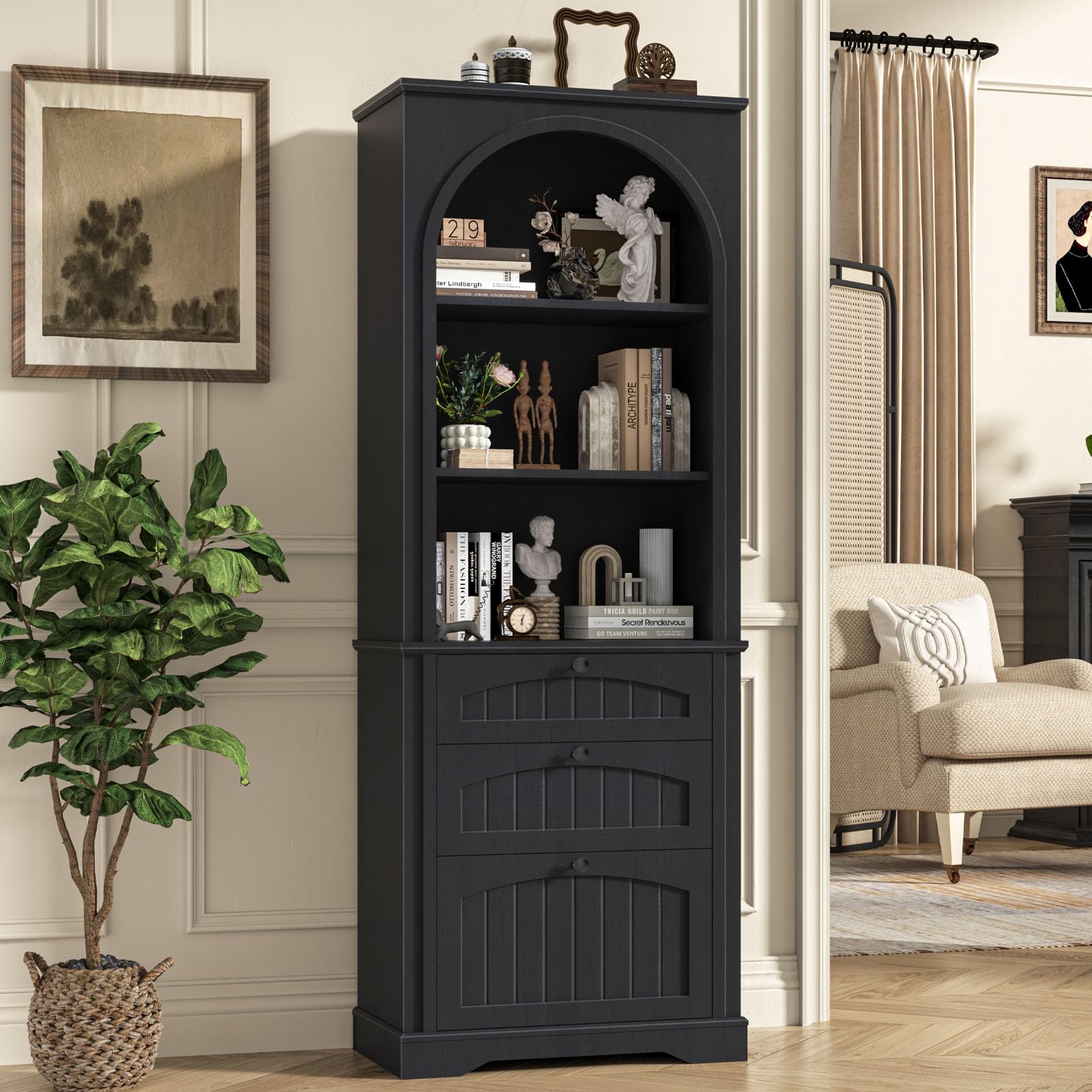 Bookshelf with File Drawers for Letter/A4/Legal Size Hanging Files, 68" Tall Farmhouse Bookcase with 3-Tier Open Shelves, Wood Floor Display Storage Cabinet for Home Office, Living Room, Rustic Black