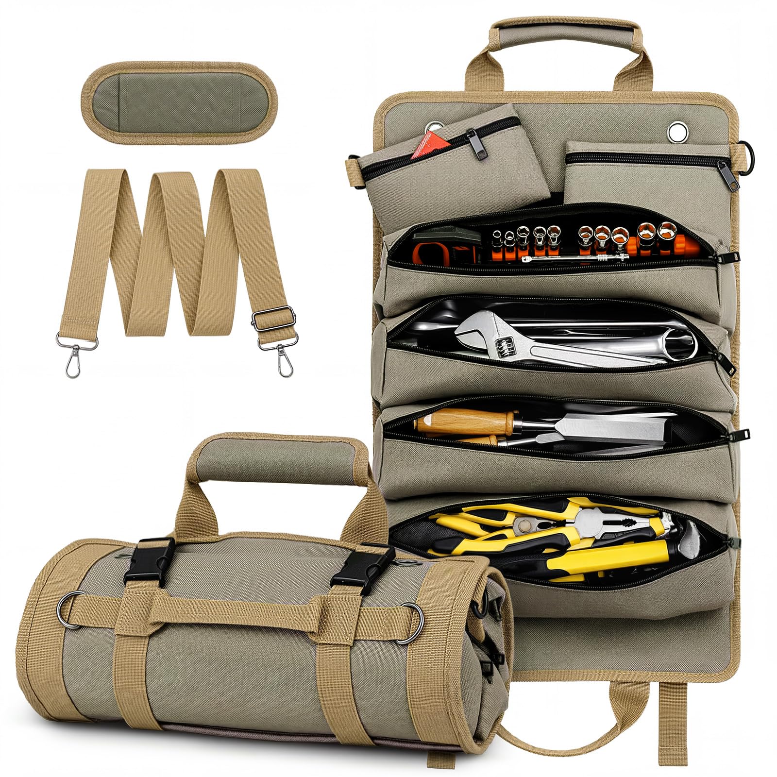 Tool Roll Up Bag, 1680D Heavy Duty Tool Bag Organizer with 2 Detachable Tool Pouches &amp; Multiple Pockets, Waterproof Motorcycle Tool Roll for Mechanic &amp; Electrician, Gift for Men Him Dad, 21.9"*13.8"