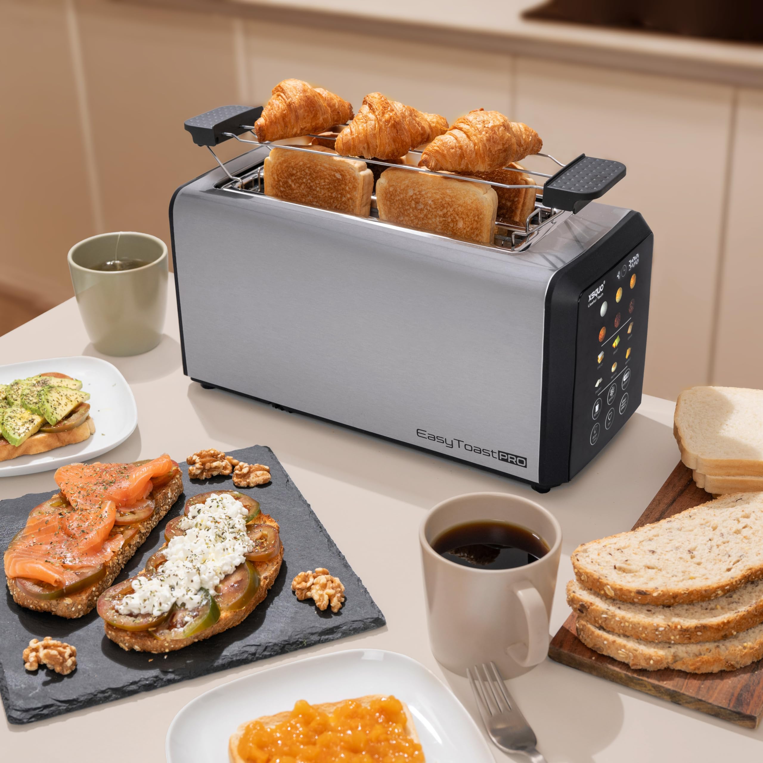 Digitaler Langschlitztoaster mit Touchscreen, Auto-Lift Toaster Edelstahl, LED-Countdown, 1500W, Brötchenaufsatz, 6 Stufen & Auftaufunktion
