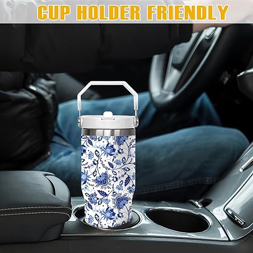 Miniatura 4 de Taza de 30 onzas con diseño floral  Taza de viaje aislada de acero inoxidable azul y blanca  Elegante taza de café con asa y tapa  Regalo para