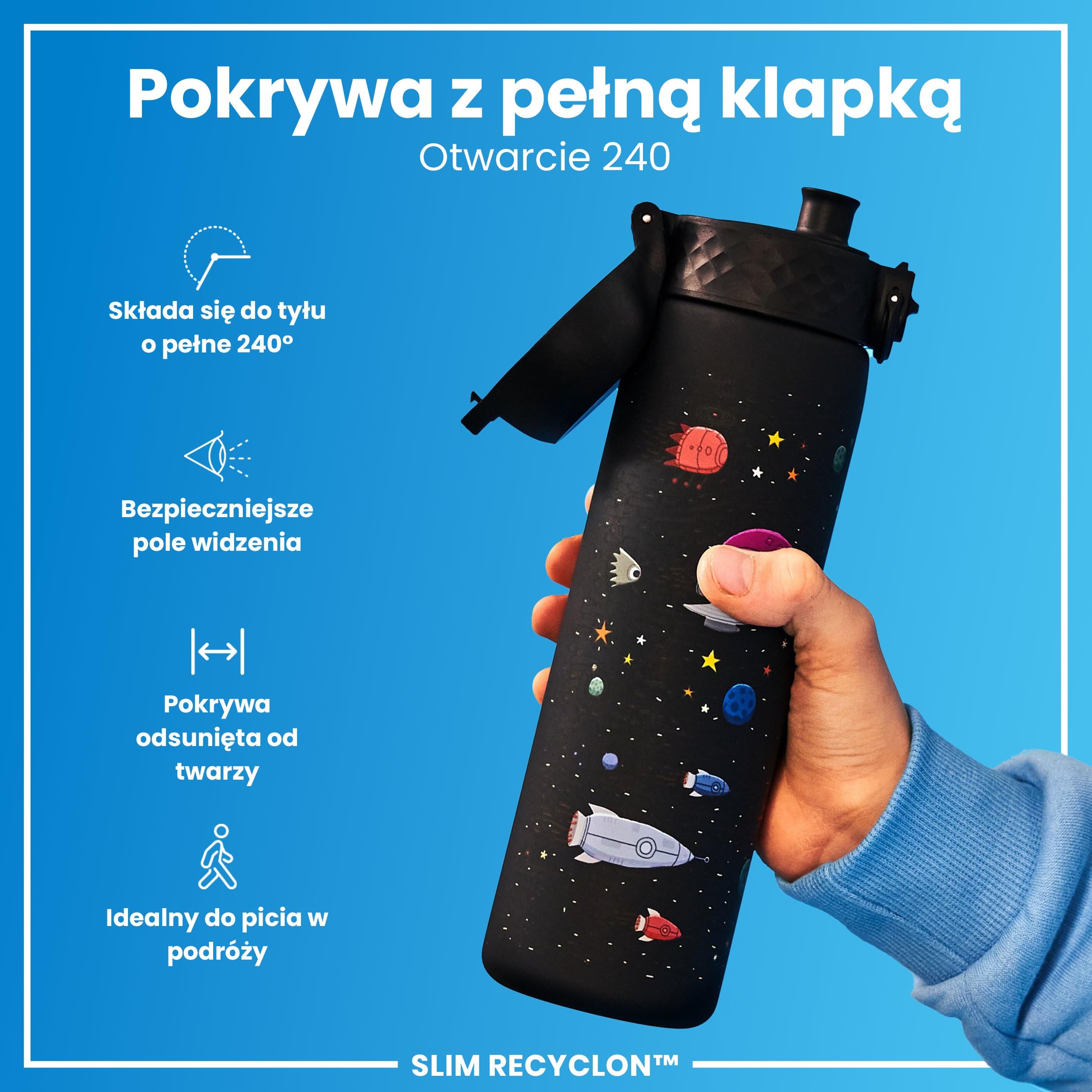 ION8 Butelka na Wodę, 500 ml/18 oz, Szczelna, Łatwe Otwieranie, Bezpieczny Zamek, Można Myć w Zmywarce, Bez BPA, Higieniczne Pokrycie, Uchwyt do Przenoszenia, Łatwa Czyszczenie, Statki Kosmiczne