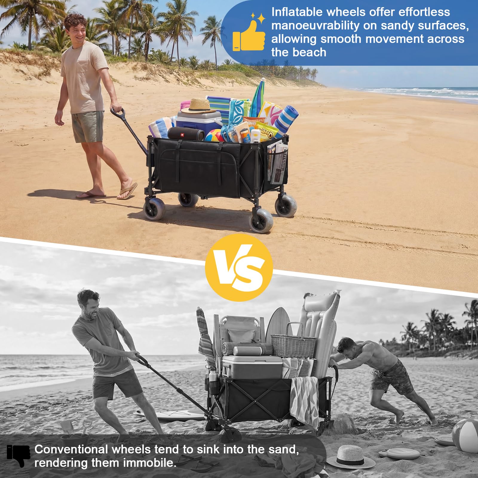 JUMMICO Chariot de Plage à roulettes Pliable ｜ Capacité 200L ｜ Charge 150kg ｜ Poignée Réglable ｜ Sac Latéral 25L Offert ｜ Chariot de Transport avec Frein ｜ pour Plage, Parc, Courses, Camping