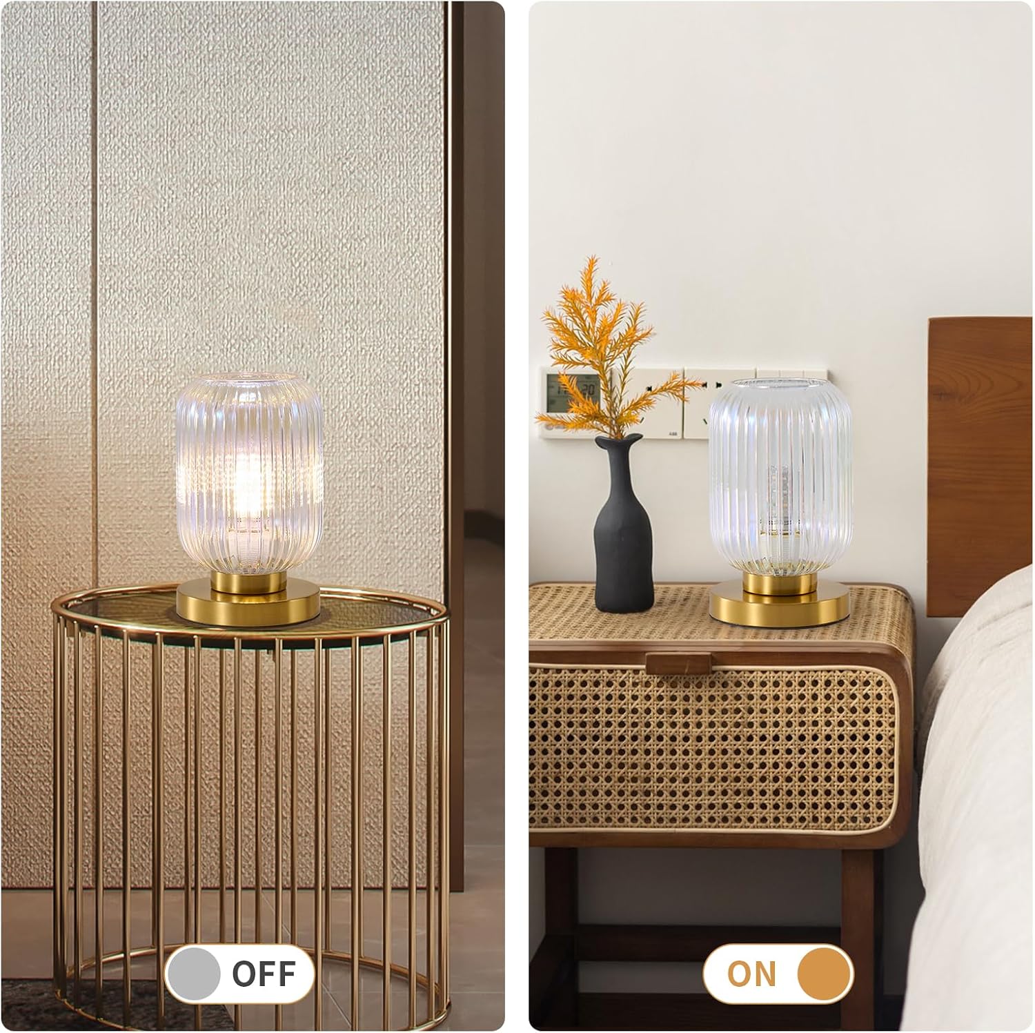 Dimmable Colorful Glass Table Lamp: Mid Century Modern Nightstand Light With Stained Shade - Small Decorative Brass Desk Lamp - Ribbed Glass Bedside Tables Lamps for Bedroom Living Room Bulb Excluded