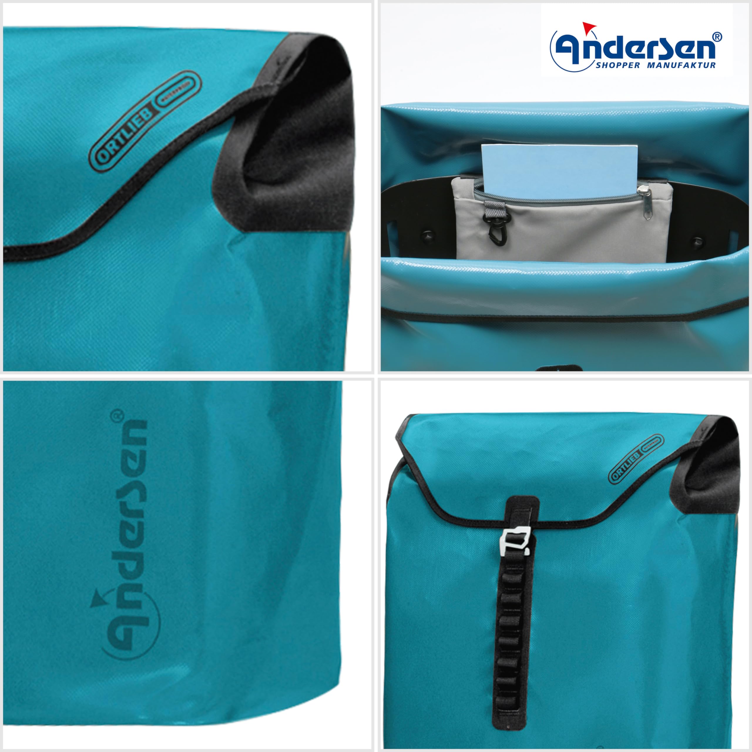 ANDERSEN Einkaufstrolley - Royal Sh. Plus Ortlieb Petrol | Fahrradanhänger, Luftbereifung, aus Alu, bis 50 kg - Tasche verschweißt, wasserdicht, Innenfach, 49 L