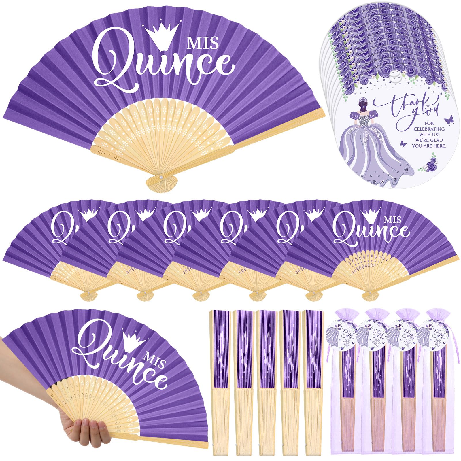 Threehoney 50 Sets Quinceanera Party Favors for Guests Mis Qunice Folding Paper Fans Bamboo Fans with Thank You Tags and Gift Bag Handheld Fans Sweet 15 Birthday Party Favors for Girls(Purple)