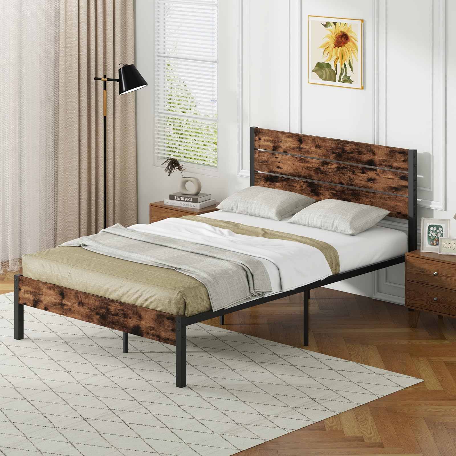 COSTWAY Metalowa rama łóżka na materac 200 x 140 cm, podwójna rama łóżka, rama łóżka z stelażem i miejscem do przechowywania pod łóżkiem, metalowa platforma, łóżko dla gości, przemysłowa podstawa