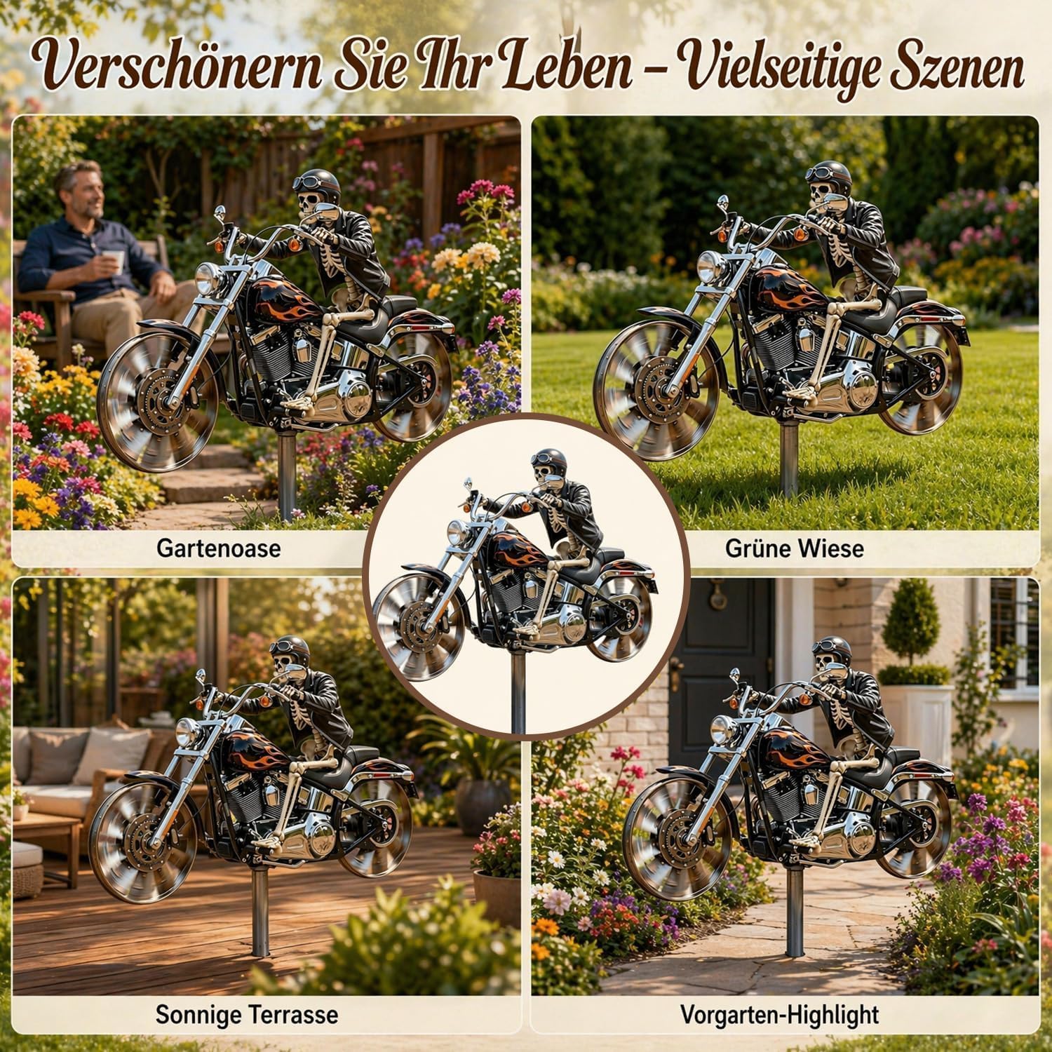 Skelett Motorrad Windspiel, Motorrad Windrad Garten Windspiel, Biker-Totenkopf-Windmühlenpfahl Skelett-Motorrads Gartenspinner, für Terrasse, Hof, Gartens, Garden Decoration