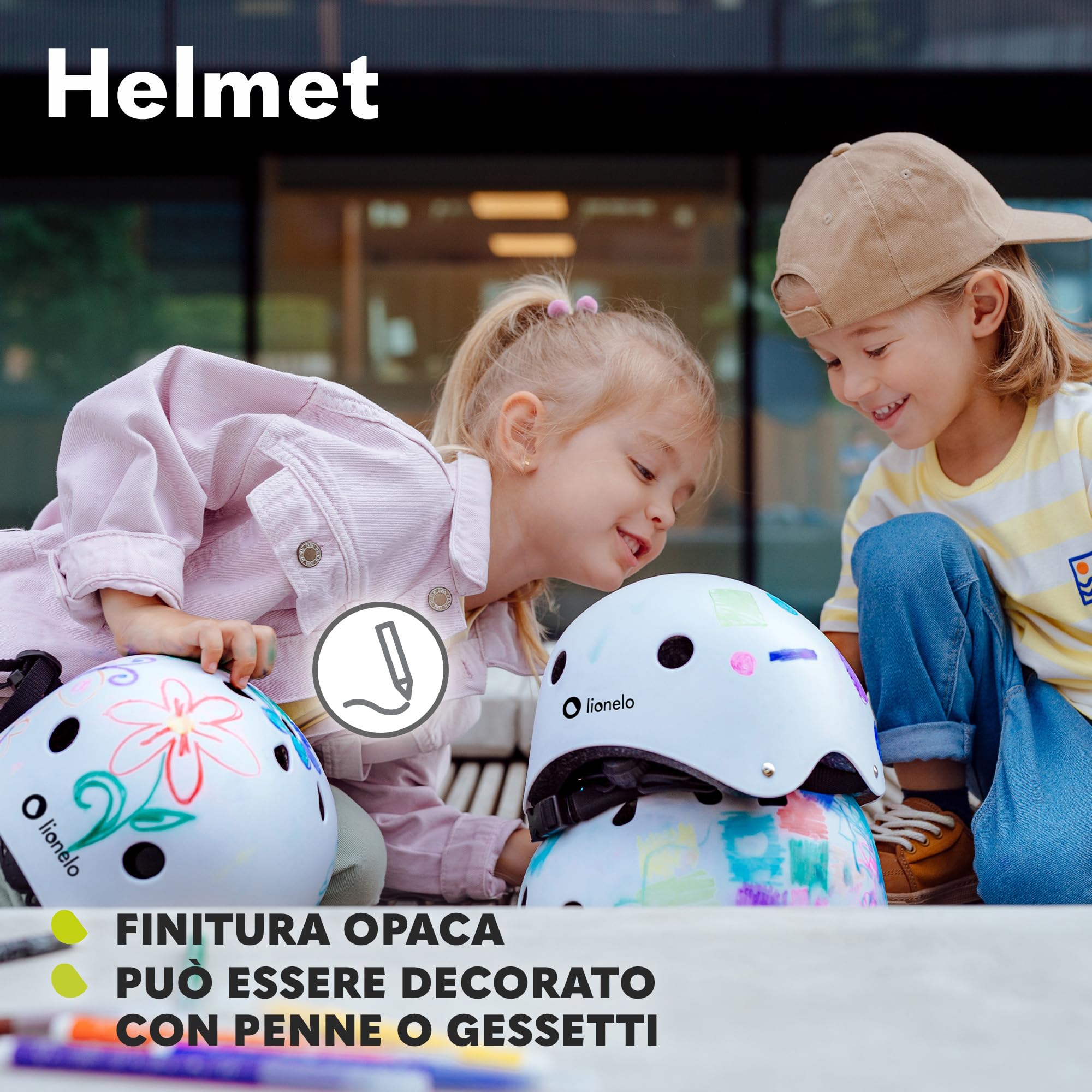 Lionelo HELMET Avventura creativa Casco Bici per Bambini Taglia S Regolabile 50-56 cm Ventilato Decorazione Personalizzabile, ABS & EPS Certificato Intertek Sicurezza e Stile per Piccoli Esploratori