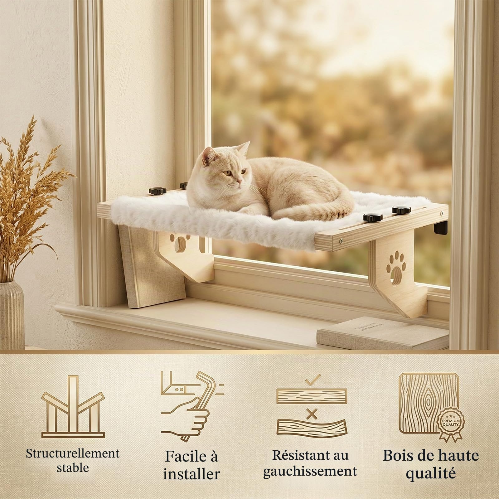 Hamac Chat Radiateur, Hamac Chat Fenetre en Bois avec Un Coussin en Peluche Lavable, Panier Fenetre sans Perçage Couchage et Mobilier