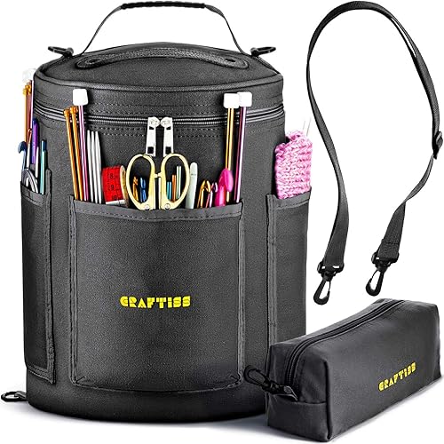 CRAFTISS Bolsa de tejer almacenamiento de hilo - Regalo de ganchillo - Soporte de hilo de lona duradero para accesorios de ganchillo - Bolsa Negro