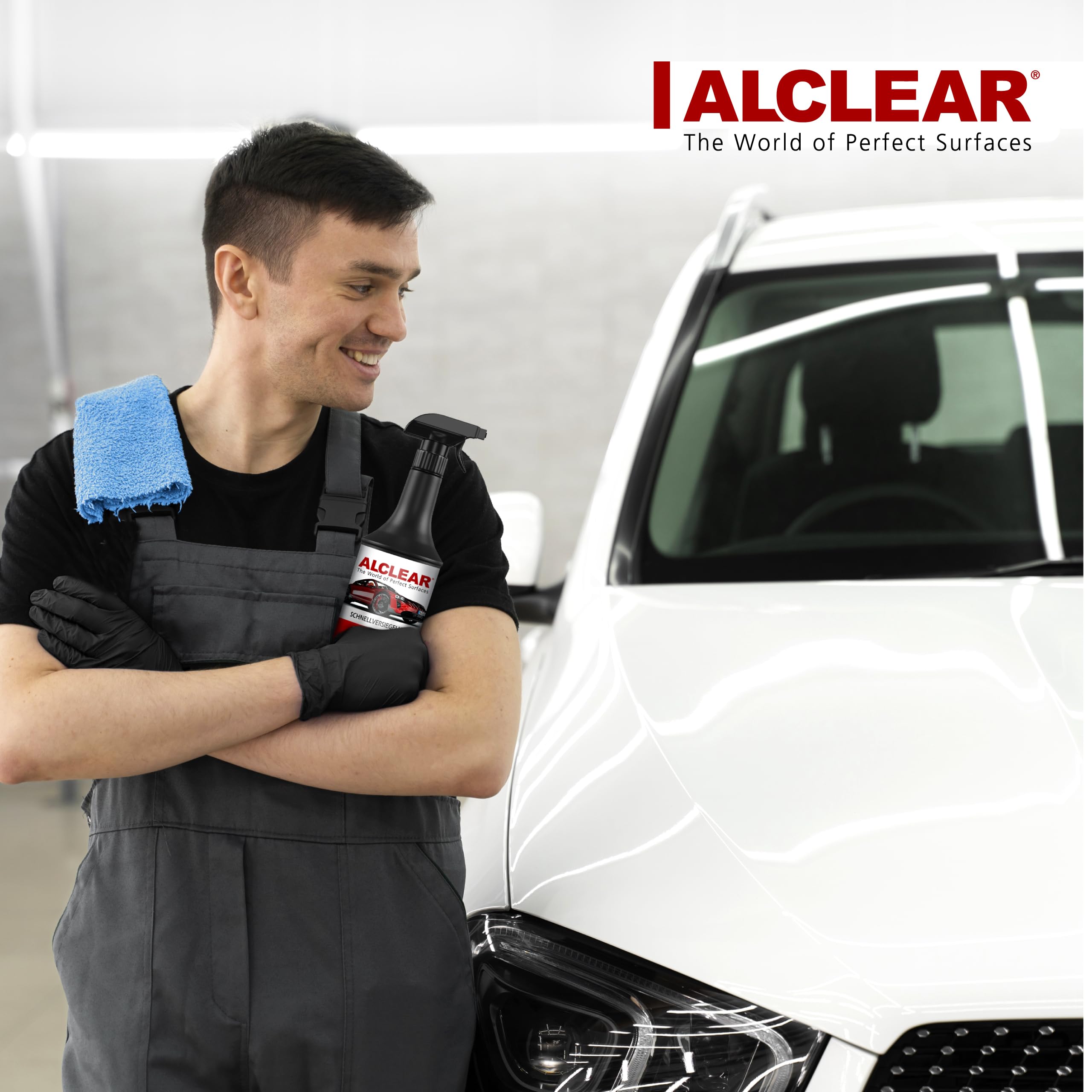 ALCLEAR 8201050 Autopflegeset 6 teilig mit 1 L Lackversiegelung fürs Auto | 6-teiliges Set, 1 L Schnellversiegelung ohne Silikon, Polier- und Cockpittuch, Felgenhandschuh, Trockentuch, Innenraum