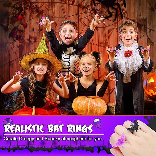 Vista 4 de Jerify 400 Pcs Halloween Plastic Bat Rings Bulk Halloween Party Favors Bat Finger Rings Toy Cupcake Topper Gifts Negro