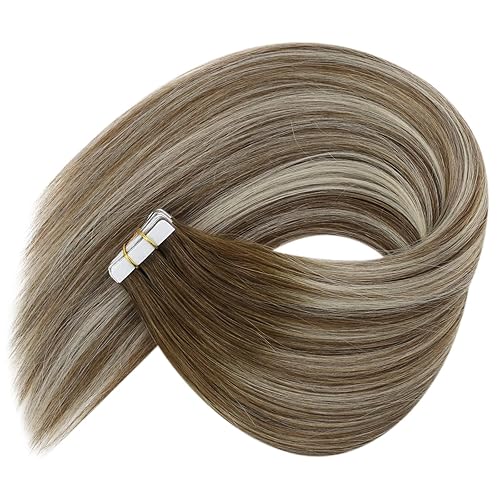 Miniatura 8 de Ve Sunny Extensiones de cabello humano con cinta adhesiva, balayage, color marrón medio, rubio platino y marrón, extensiones de cabello con cinta